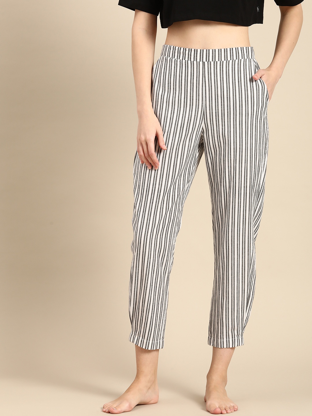 

Mystere Paris Women Striped Cotton Lounge Pants, White