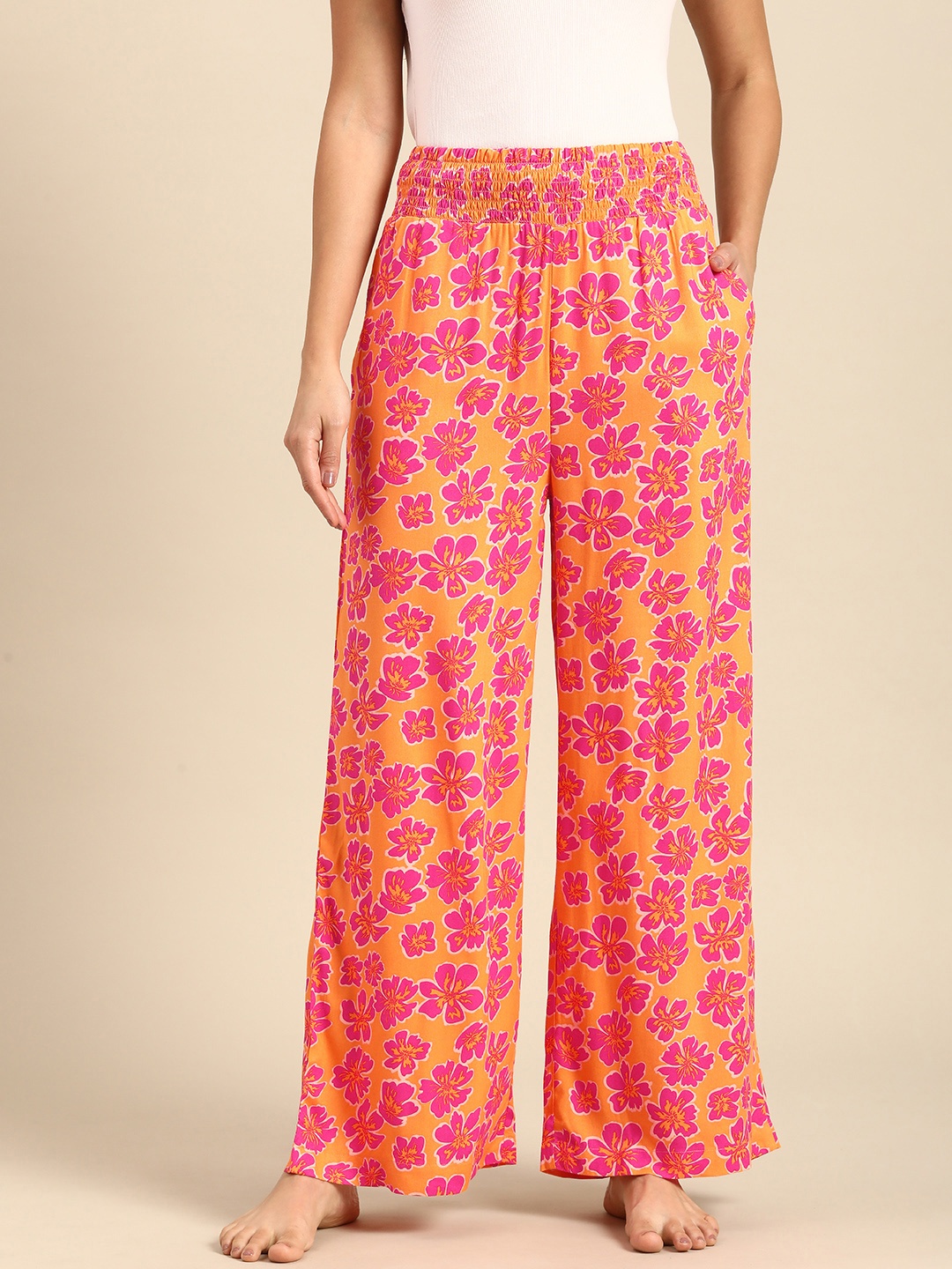 

Mystere Paris Women Floral Printed Cotton Lounge Pants, Orange
