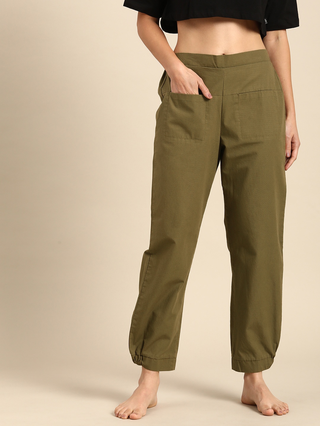 

Mystere Paris Women Solid Relaxed Fit Cotton Lounge Pants, Olive