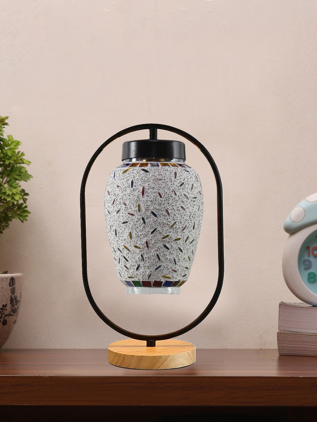 

Devansh Black & White Textured Glass Wooden & Iron Table Lamp