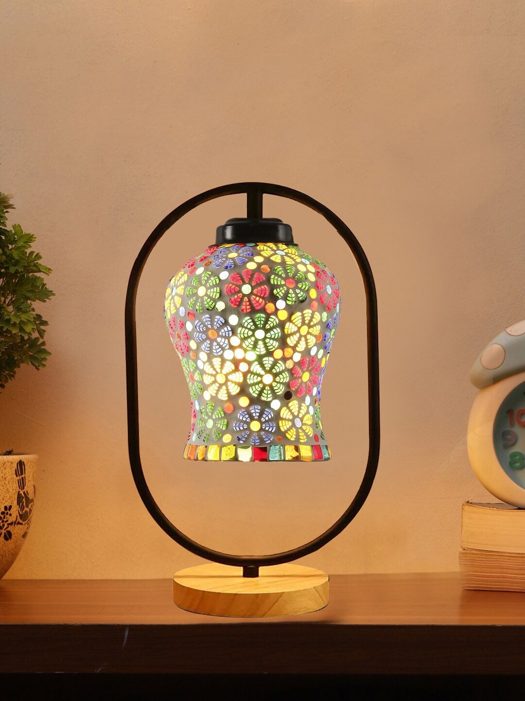 

Devansh White & Black Floral Printed Glass Wooden & Iron Table Lamp