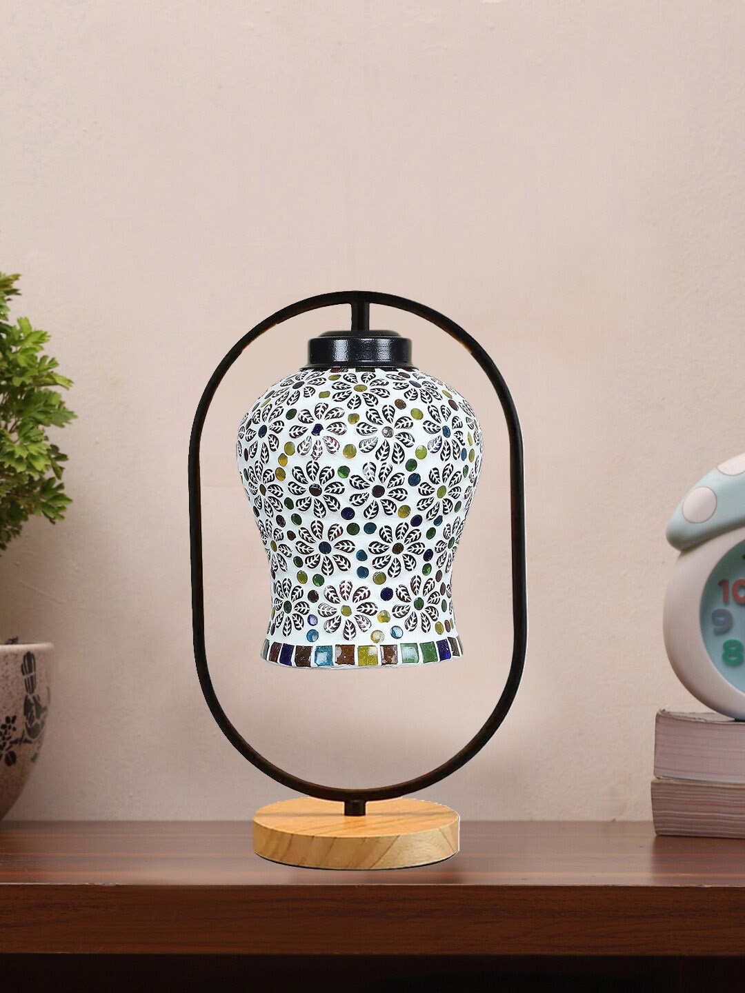 Devansh White & Blue Textured Glass Wooden & Iron Table Lamp
