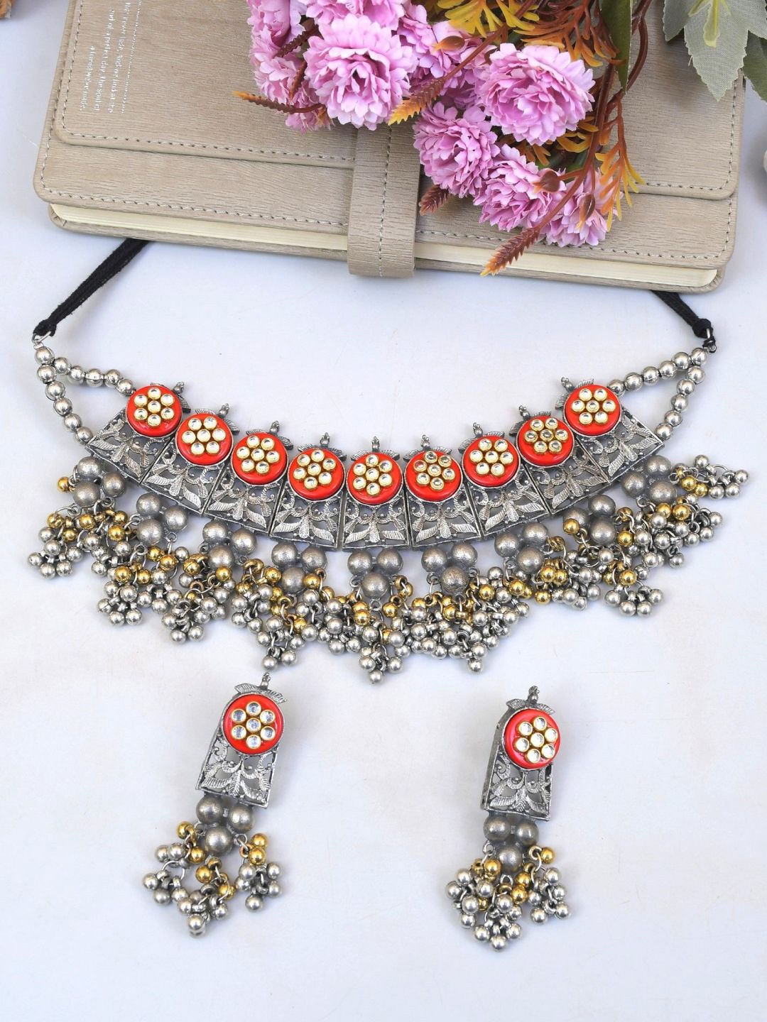 

Crunchy Fashion Silver-Plated Stone-Studded Oxidised Jewellery Set