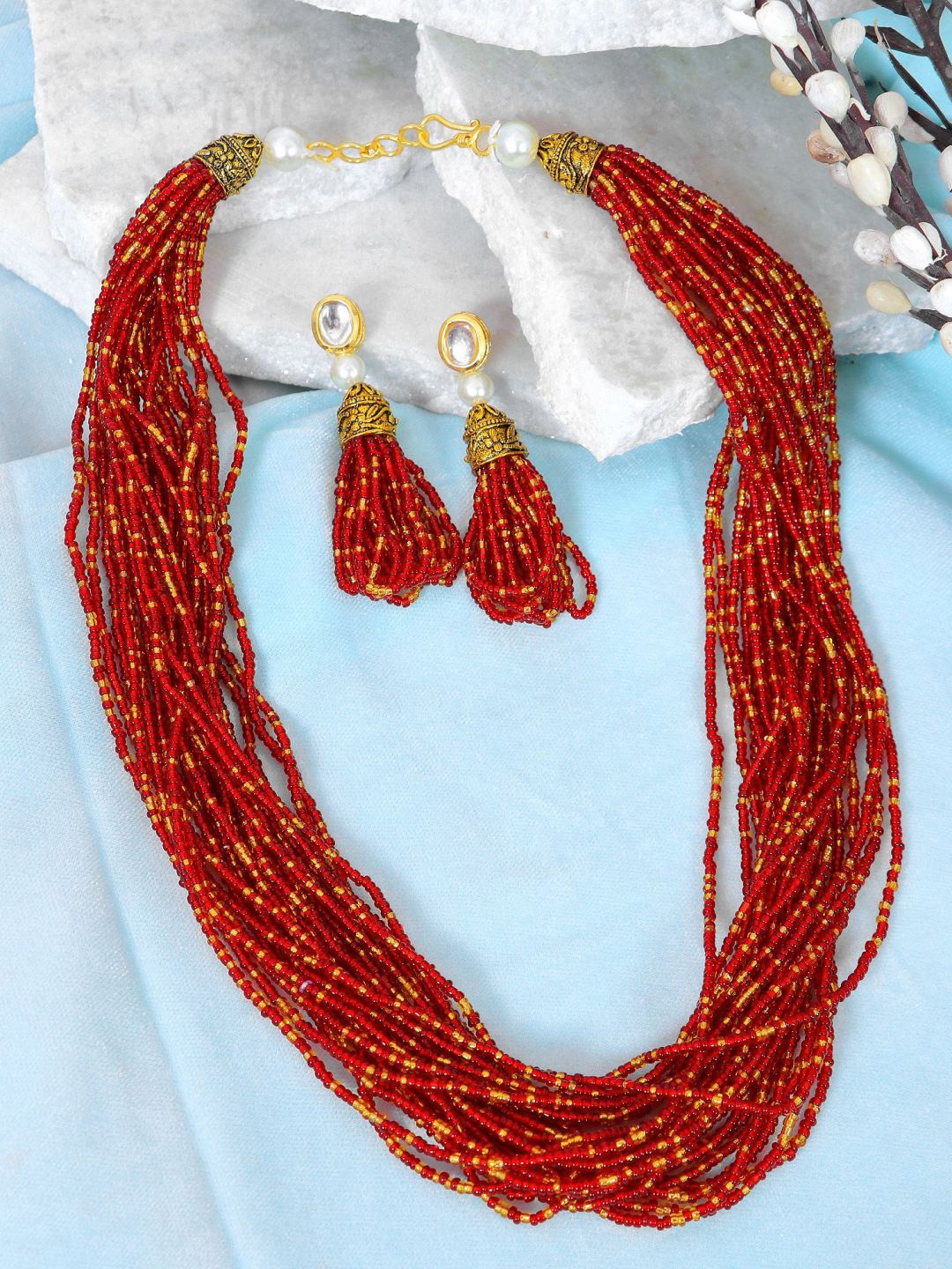 

Crunchy Fashion Gold-Plated Pearls Beaded Jewellery Set, Red