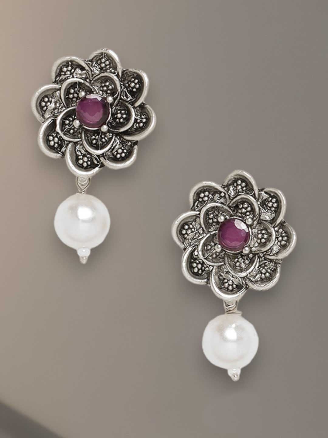 

ADIVA Silver-Plated Stone-Studded Beaded Oxidised Floral Drop Earrings
