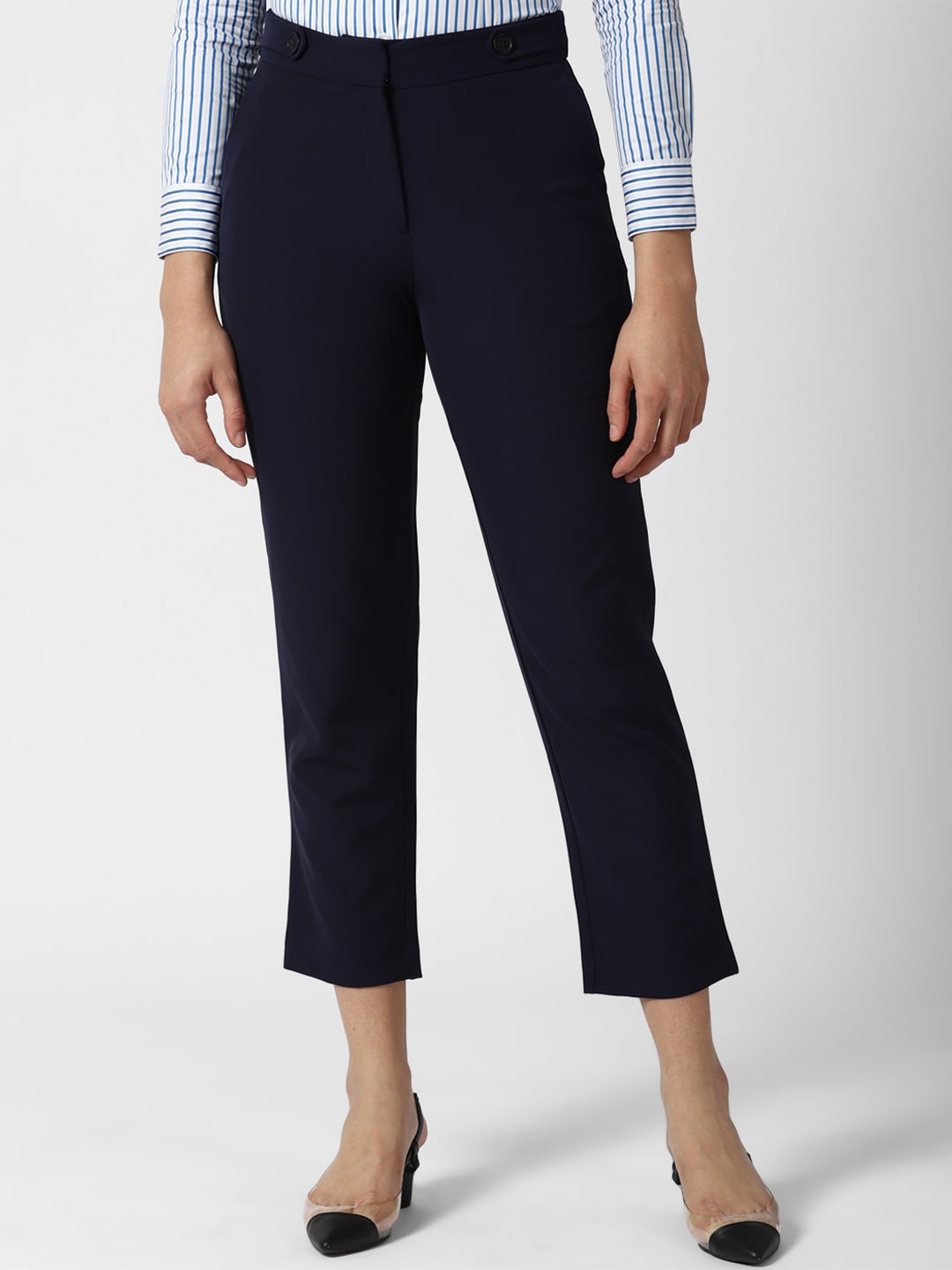 

Van Heusen Woman Slim Fit Mid-Rise Cropped Formal Trousers, Navy blue