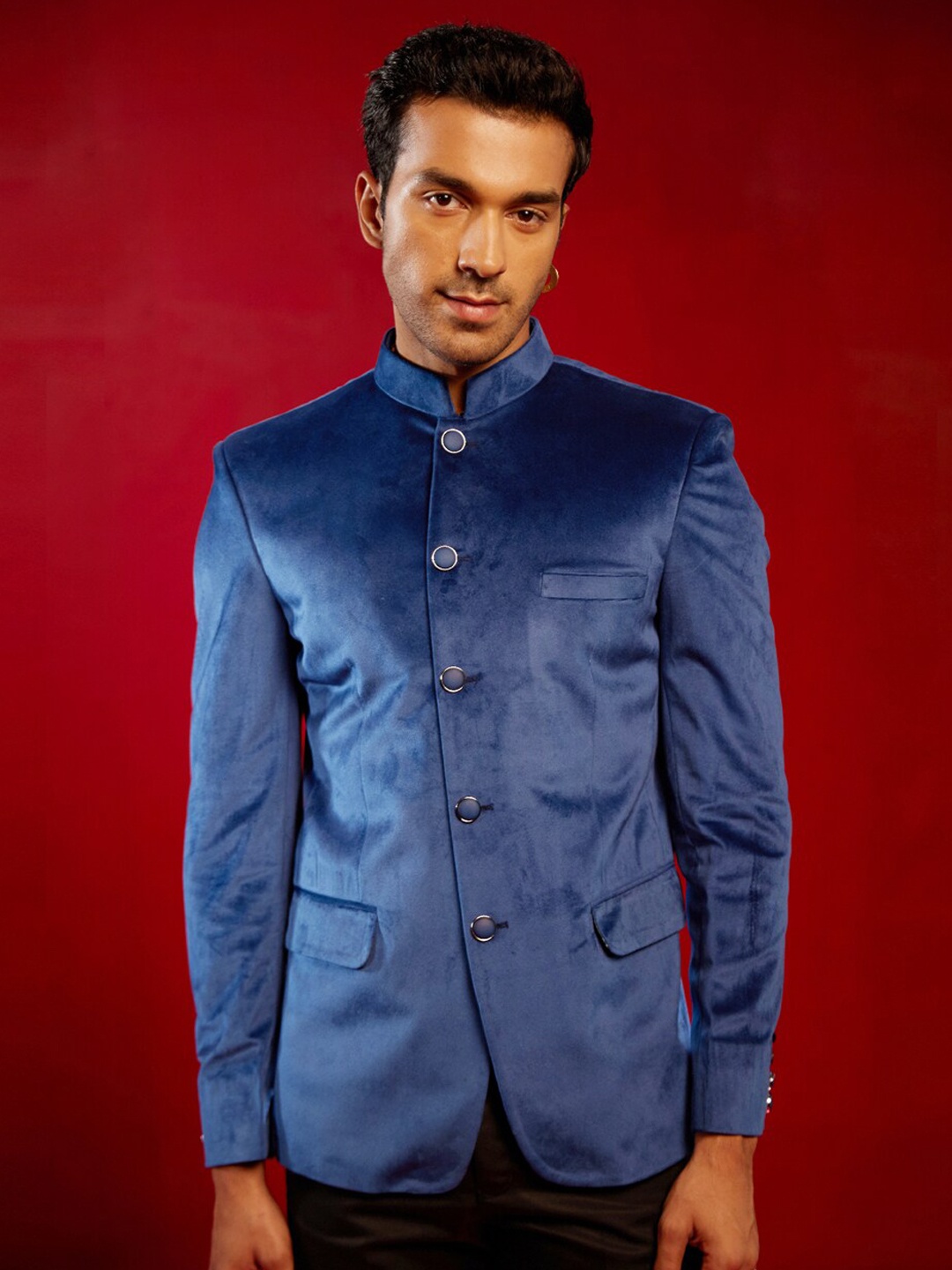 

VASTRAMAY Slim Fit Velvet Bandhgala Jodhpuri Blazer, Blue