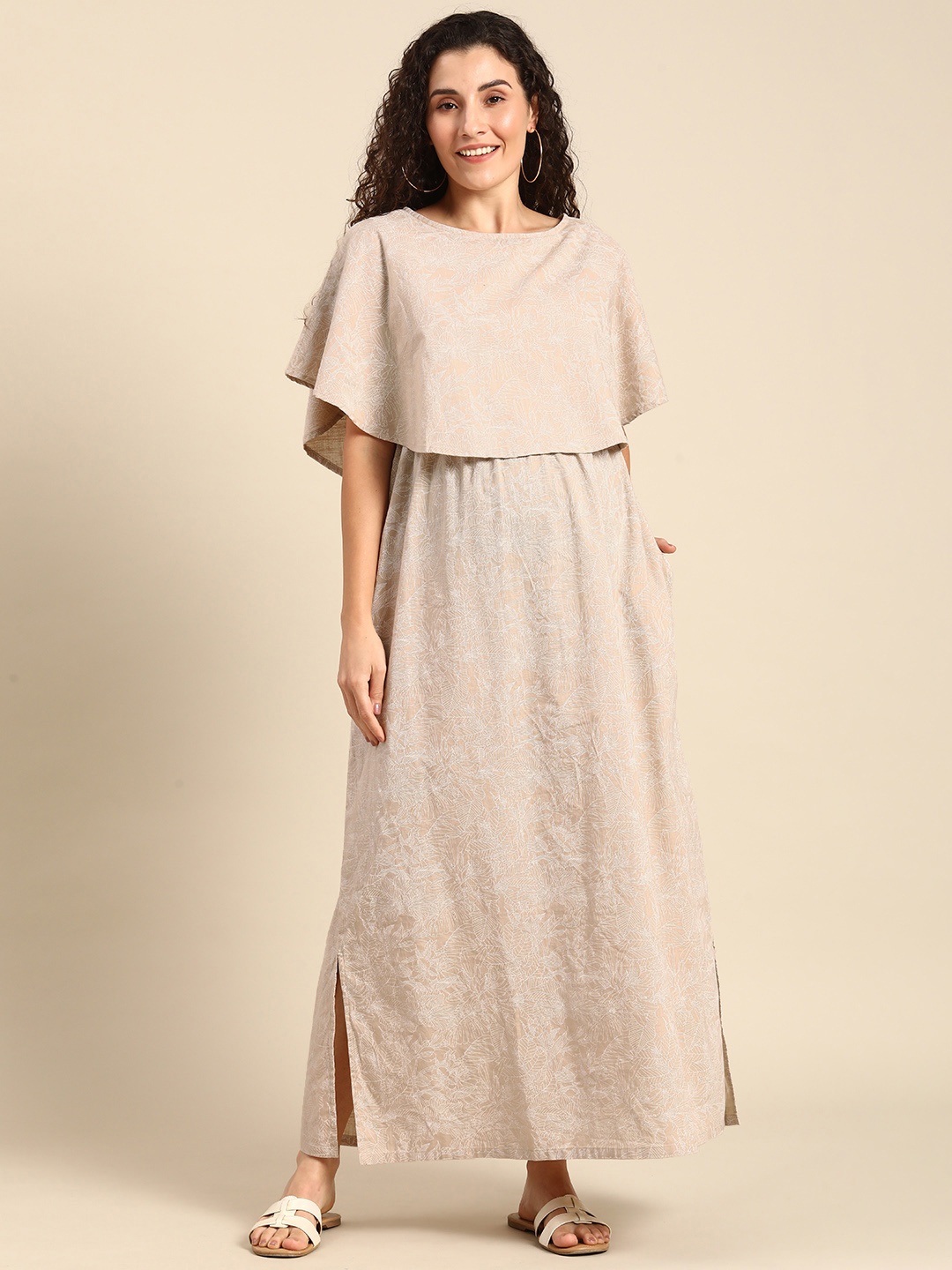 

Mystere Paris Floral Print Flared Sleeves Layered Maternity Maxi Dress, Beige