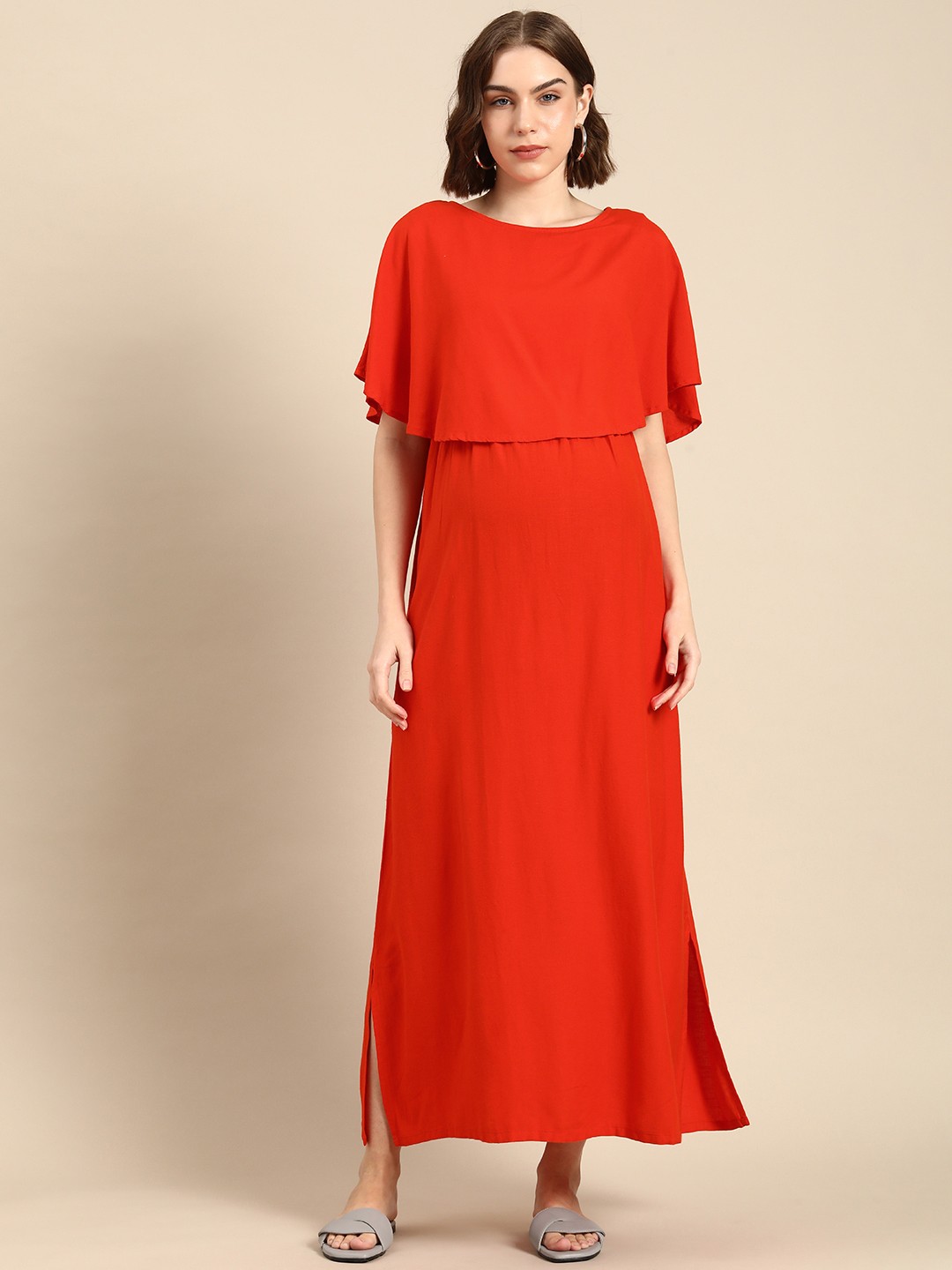 

Mystere Paris Flared Sleeves Layered Maternity Maxi Dress, Red