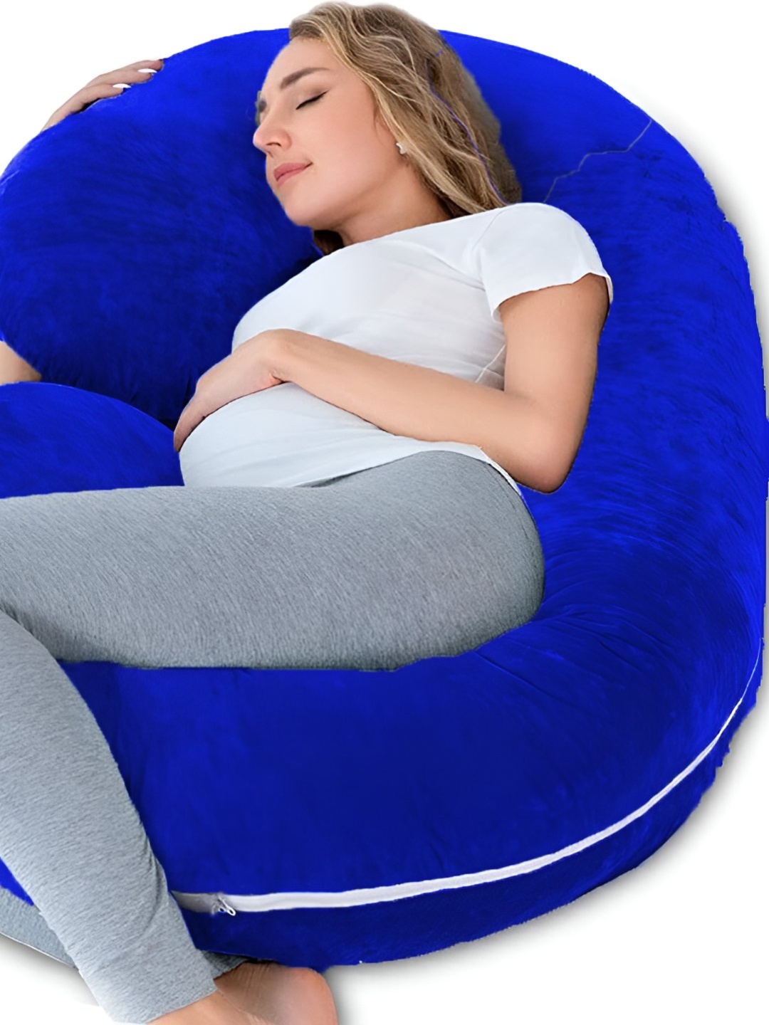 Mom's Moon Blue Faux Velvet Lightweight Maternity C Shaped Pillow