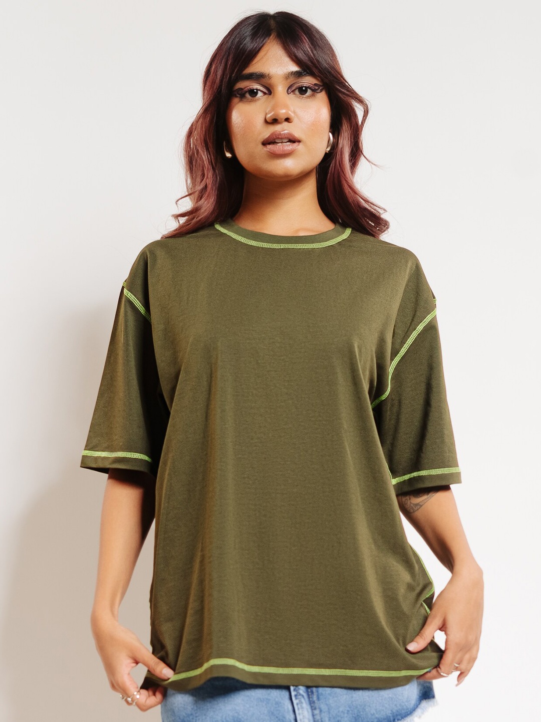 

FREAKINS Olive Green Embroidered Cotton Lycra Longline Oversized T-shirt