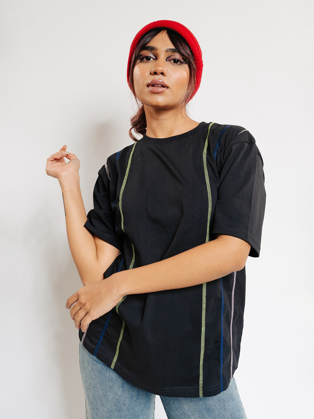 

FREAKINS Black Striped Drop-Shoulder Sleeves Cotton Lycra Longline T-shirt