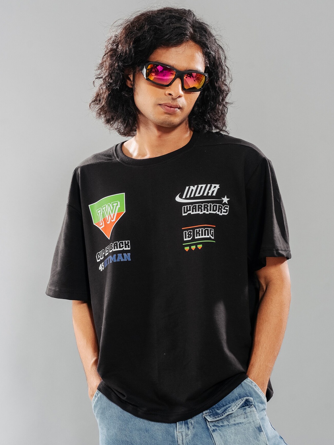 

FREAKINS Black Go India Printed Drop-Shoulder Sleeves Pure Cotton Relaxed Fit T-shirt