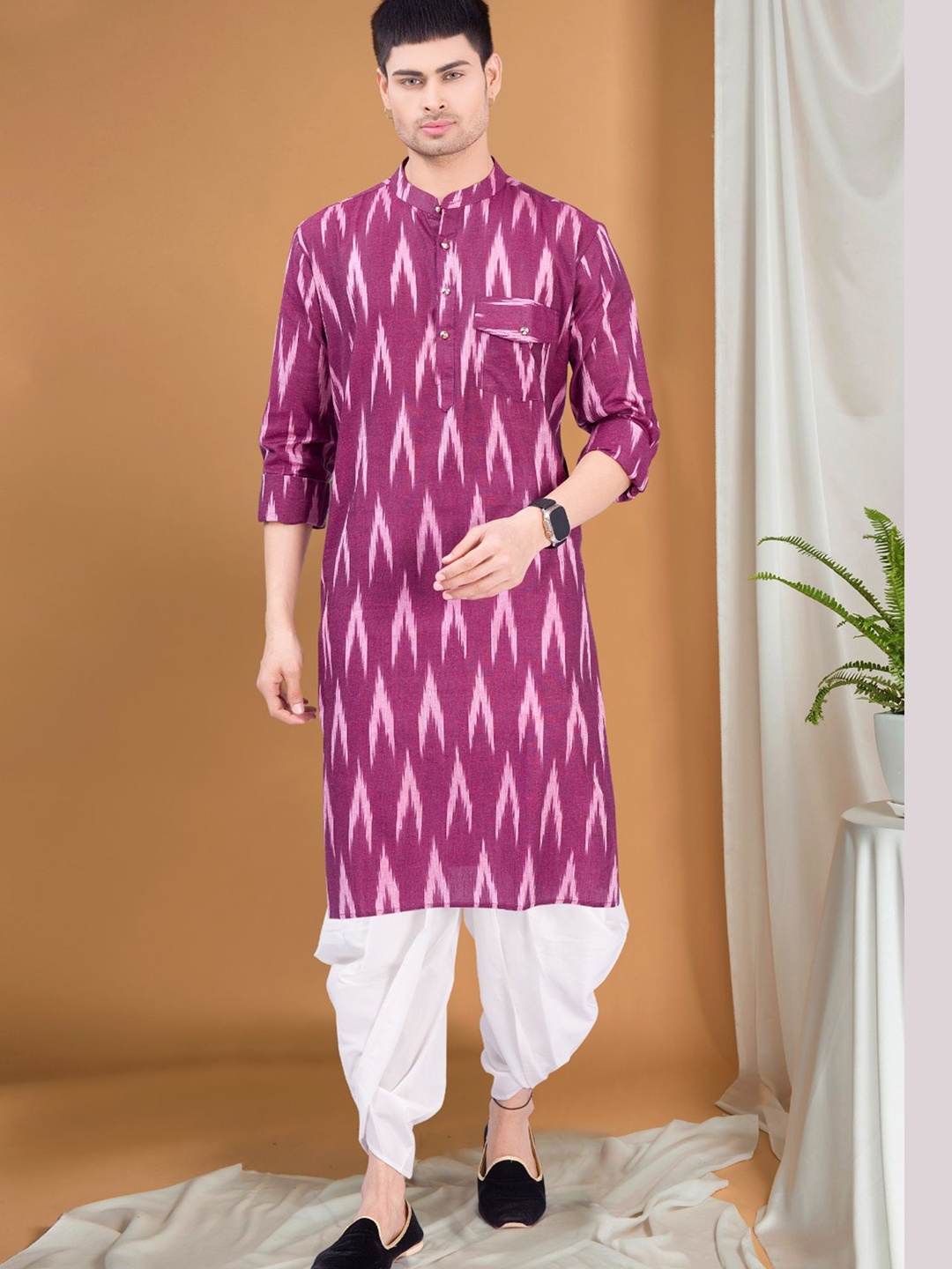 

SHIWAM ETHNIX Abstract Printed Mandarin Collar Straight Kurta With Dhoti Pants, Maroon