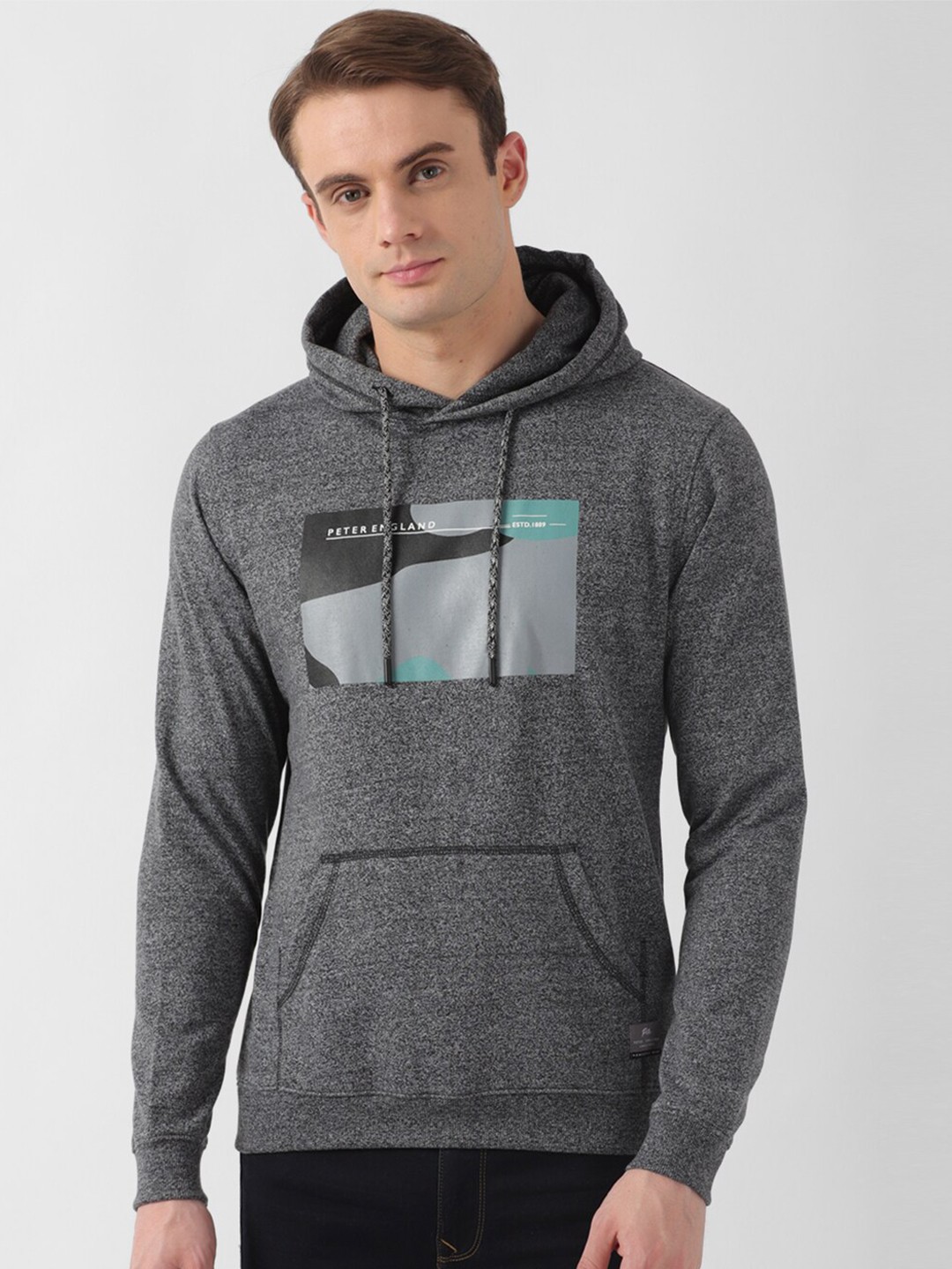 

Peter England Casuals Printed Hooded Sweatshirt, Grey