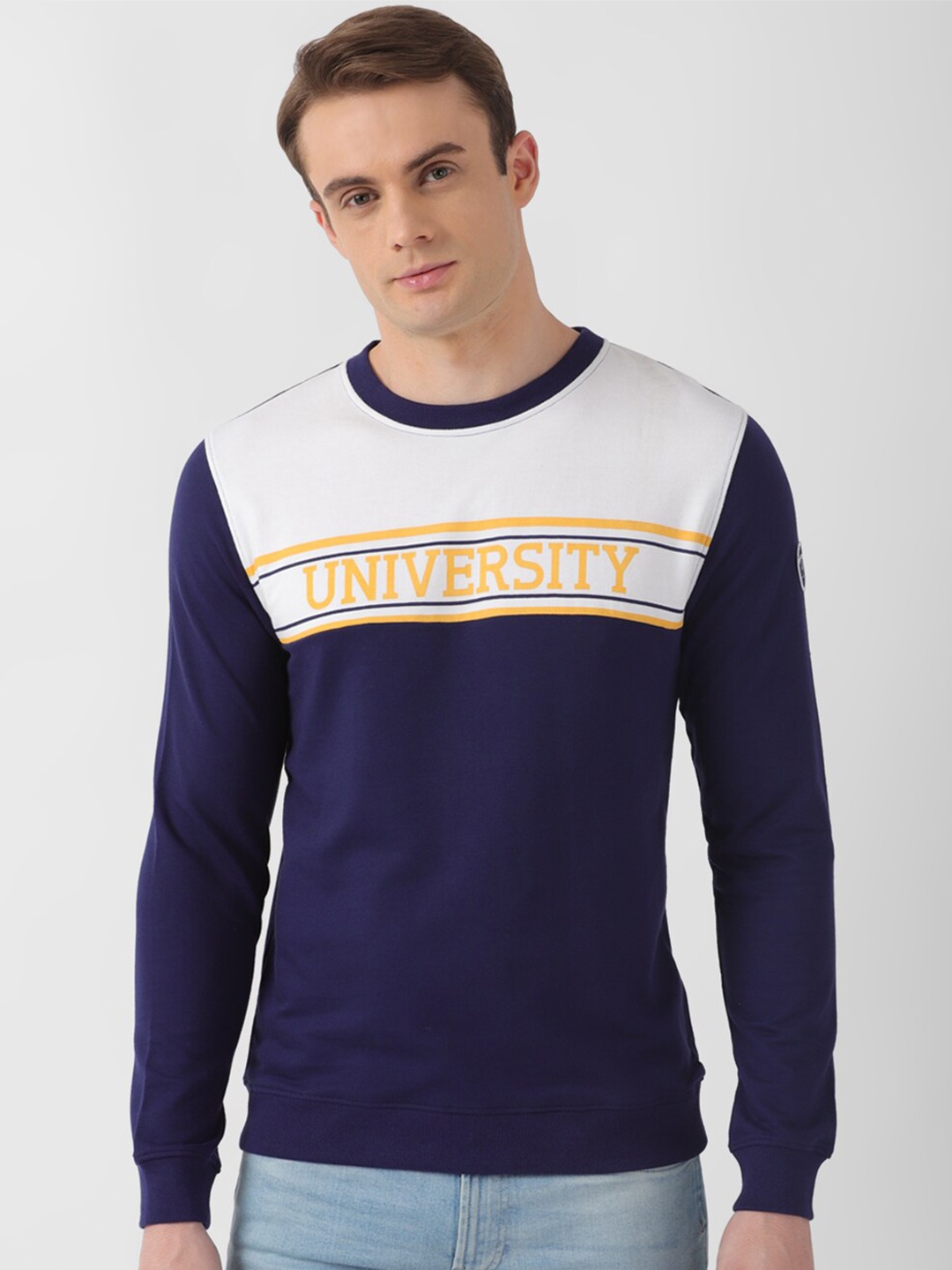 

PETER ENGLAND UNIVERSITY Colourblocked Round Neck Pullover Sweatshirt, Navy blue