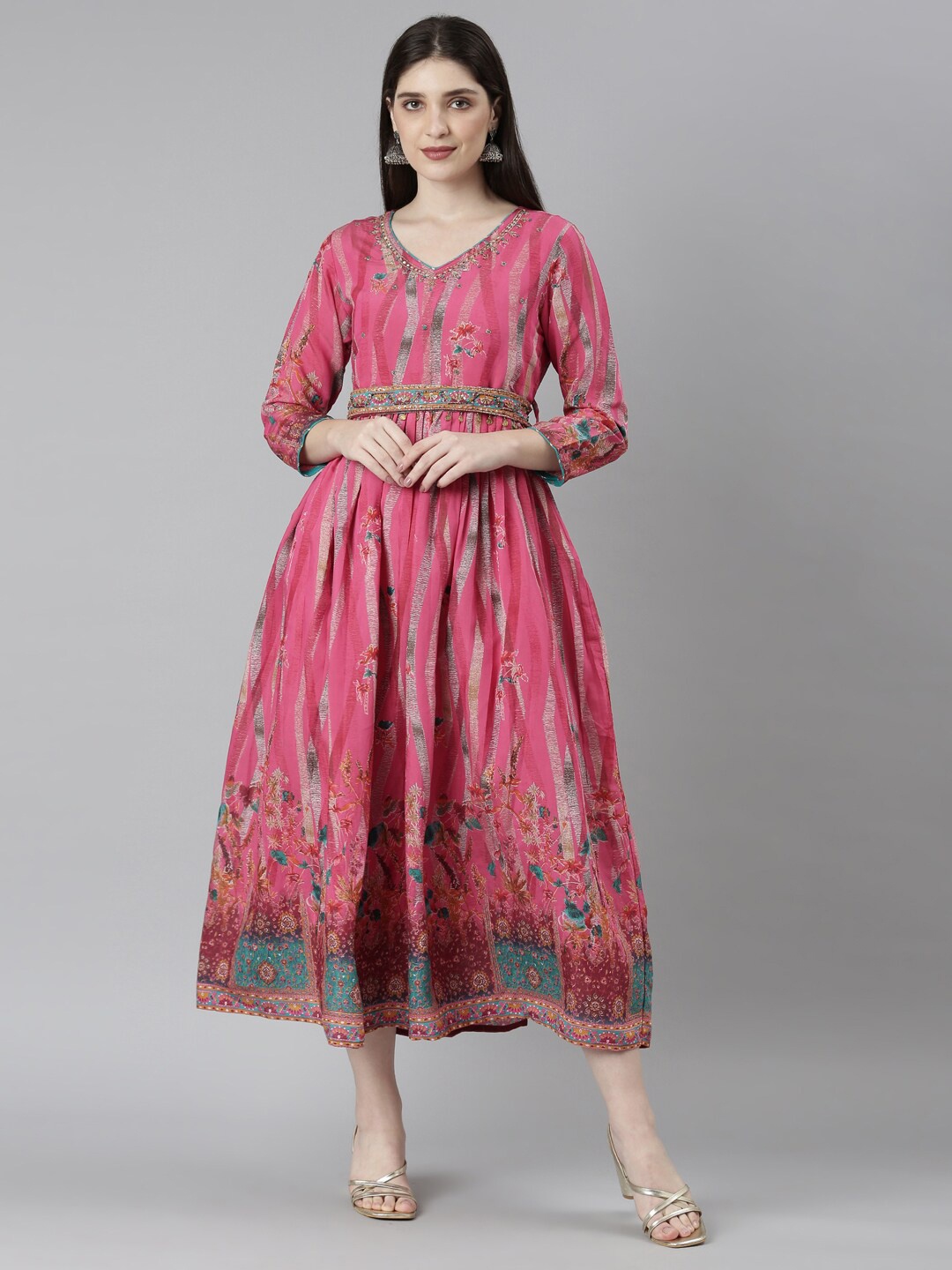 

Neerus Floral Printed Cotton Fit & Flare Maxi Ethnic Dresses, Pink