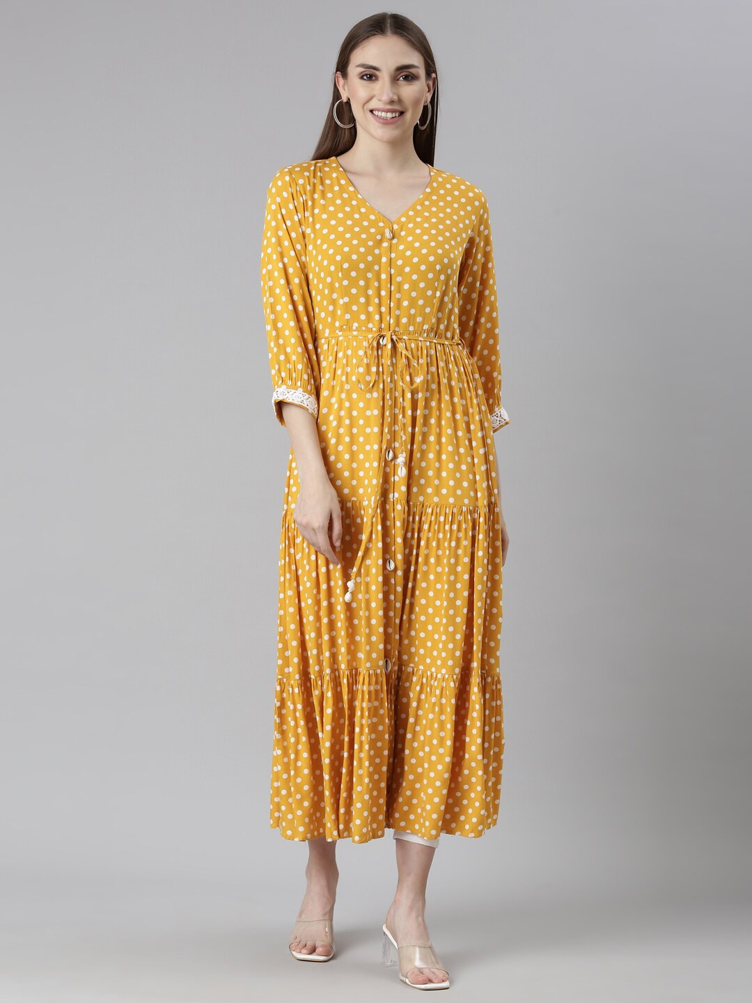 

Neerus Polka Dot Printed V-Neck Layered Kurta, Mustard