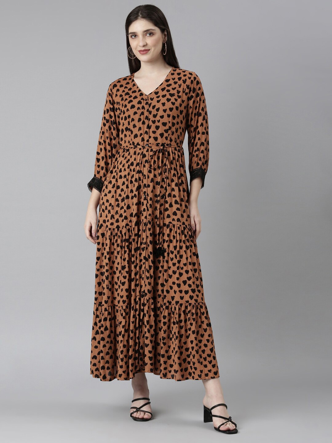 

Neerus Brown Abstract Printed Layered Maxi Dress