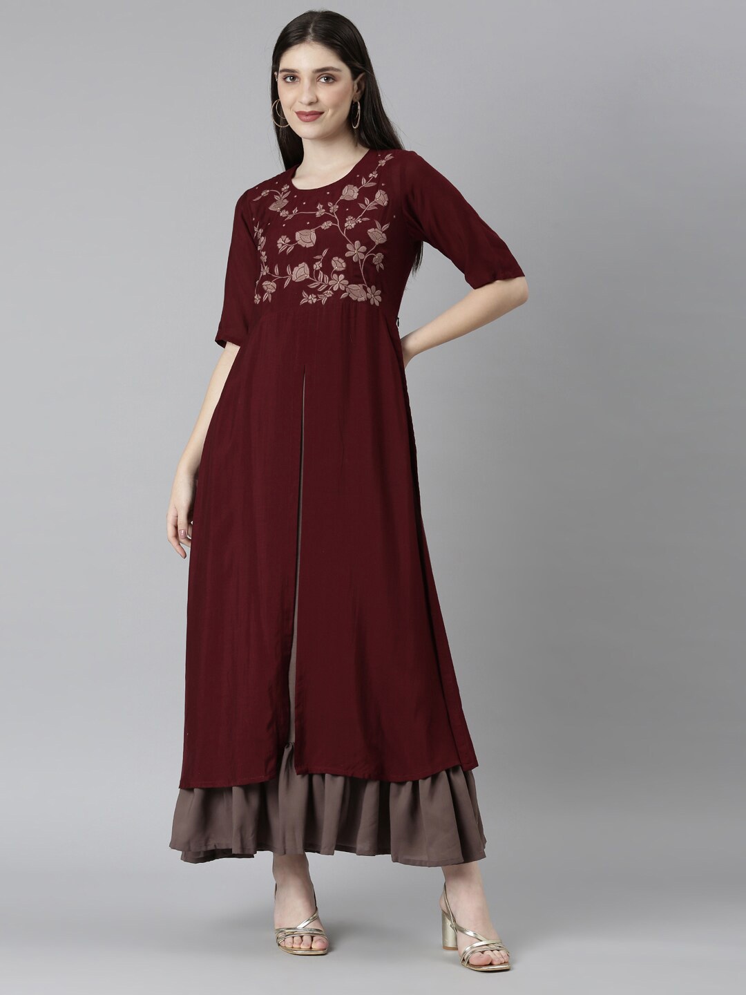 

Neerus Floral Embroidered A-Line Maxi Dress, Brown