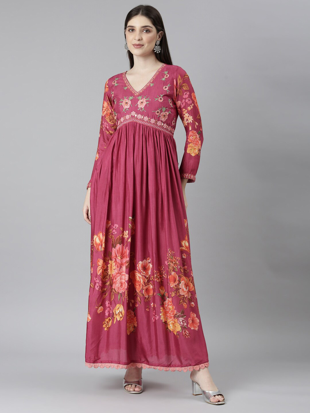 

Neerus Floral Printed Gathered Cotton Fit & Flare Maxi Dress, Magenta