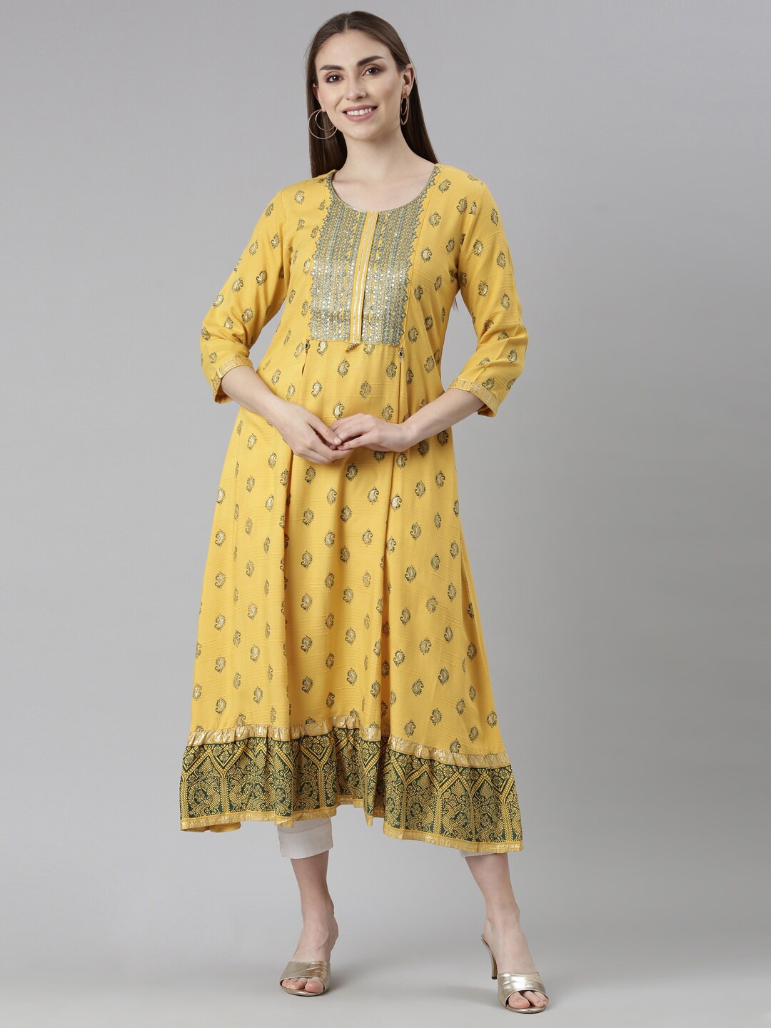 

Neerus Ethnic Motifs Printed A-Line kurta, Mustard