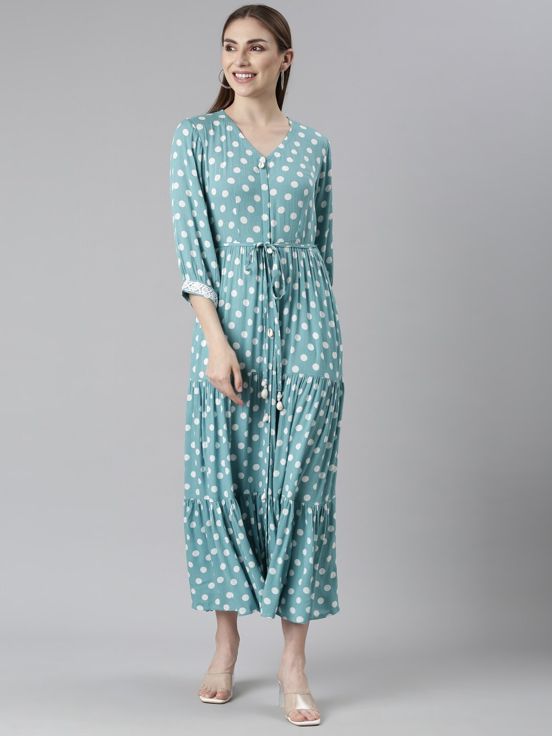 

Neerus Polka Dot Printed V-Neck Tie-Ups Fit & Flare Maxi Dress, Sea green