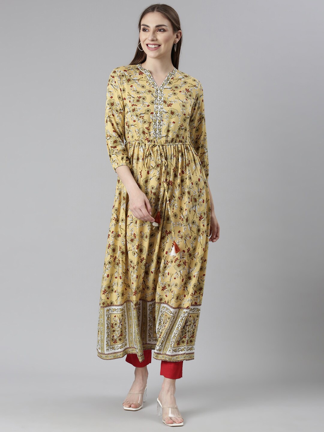 

Neerus Floral Printed Mandarin Collar Gathered Anarkali Kurta, Yellow
