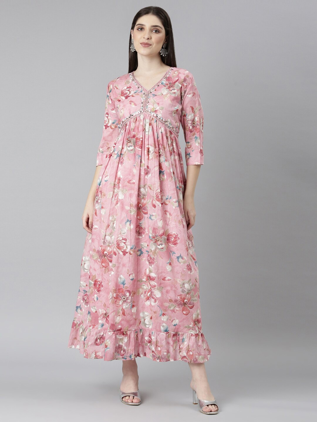 

Neerus Floral Printed Cotton Fit & Flare Maxi Ethnic Dresses, Pink