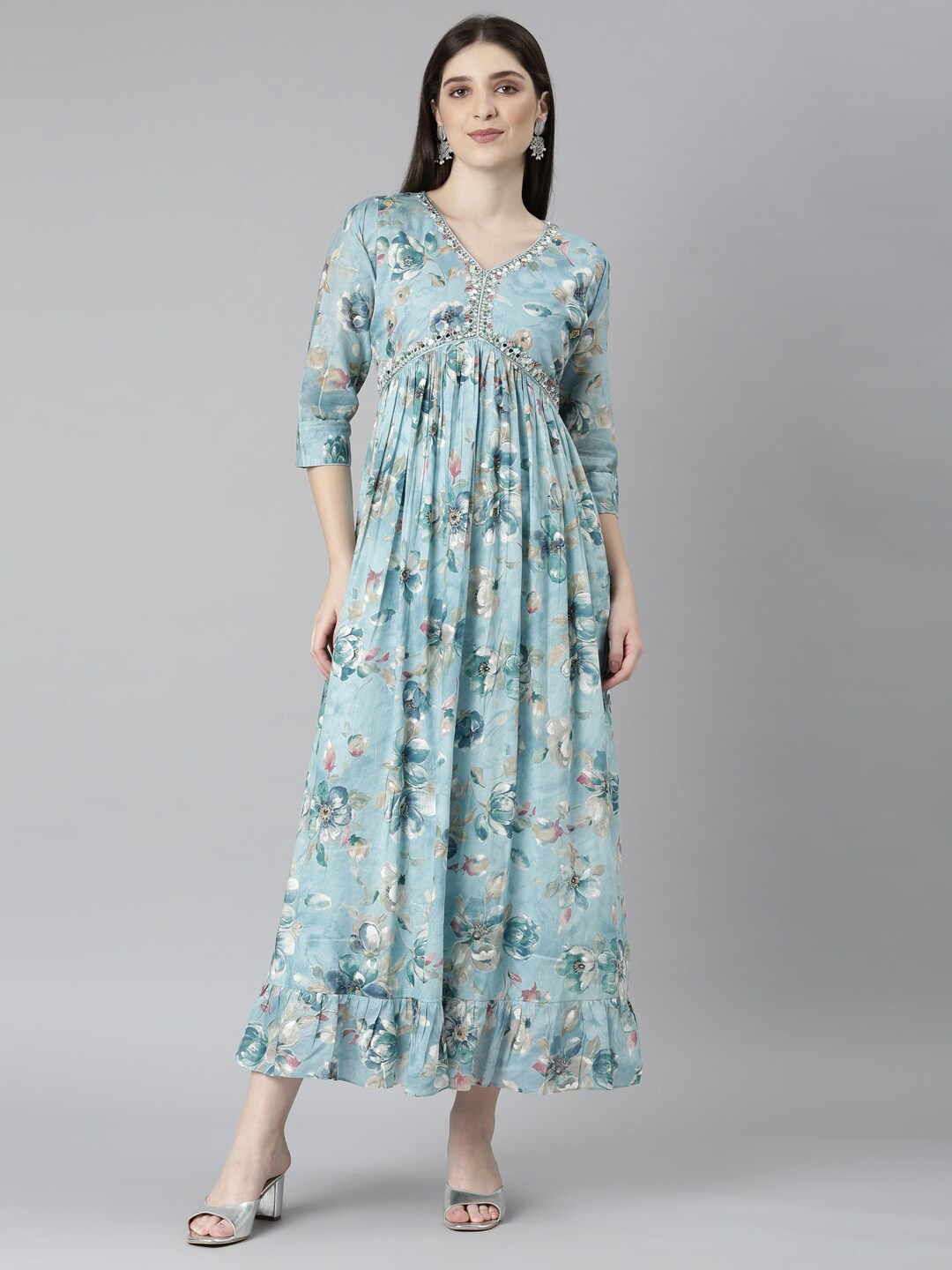 

Neerus Floral Printed V-Neck Gathered Cotton Maxi Dress, Blue