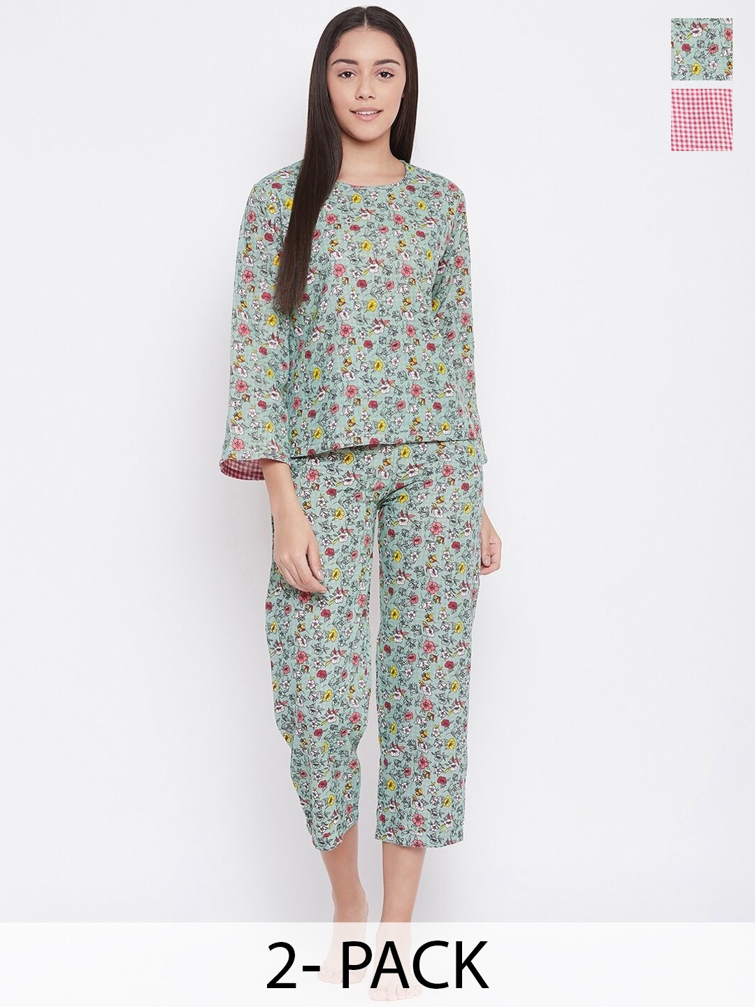 

The Kaftan Company Pack Of 2 Floral Printed Pure Cotton Night Suit, Pink
