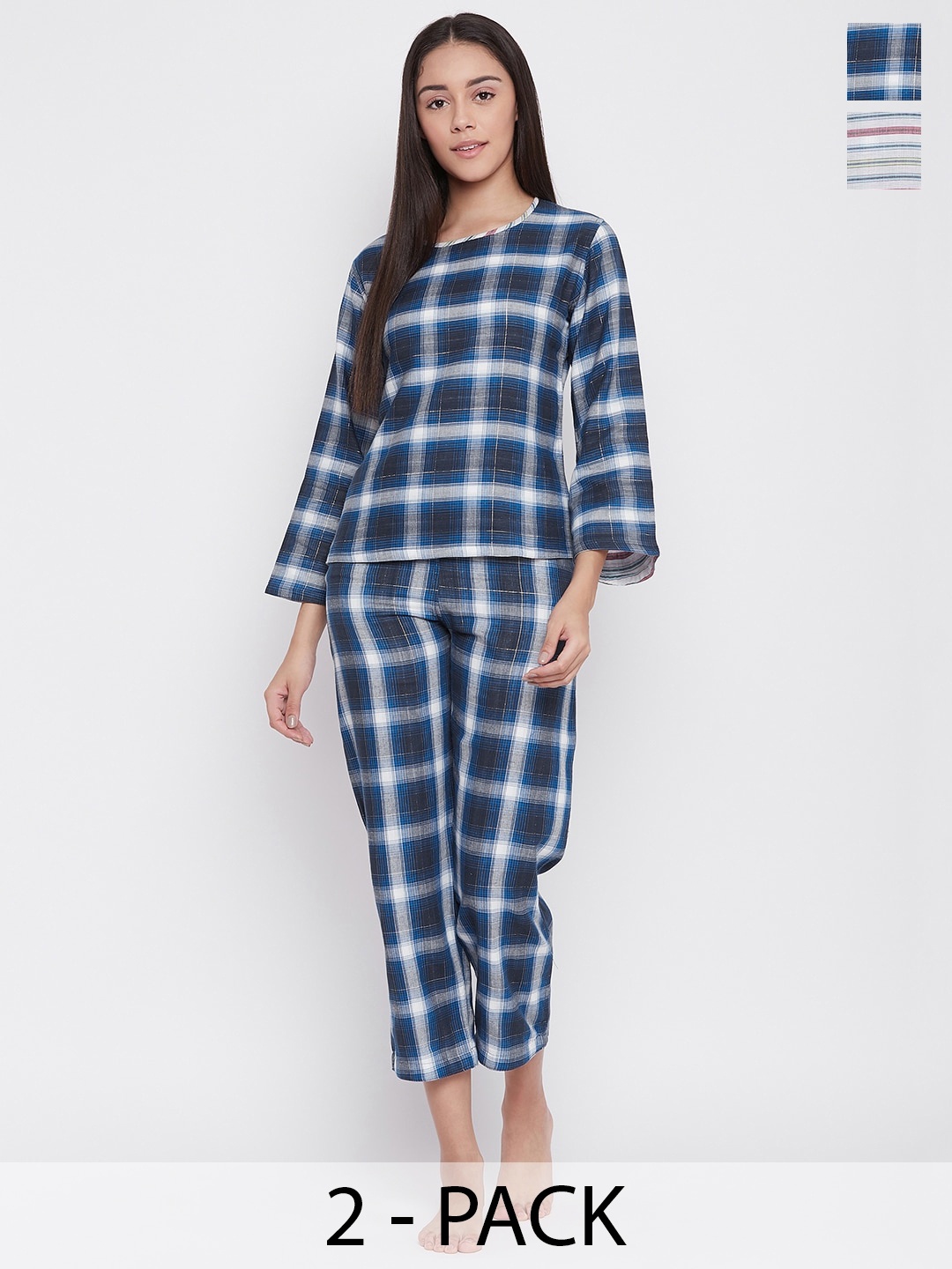 

The Kaftan Company Pack Of 2 Checked Night Suits, Blue