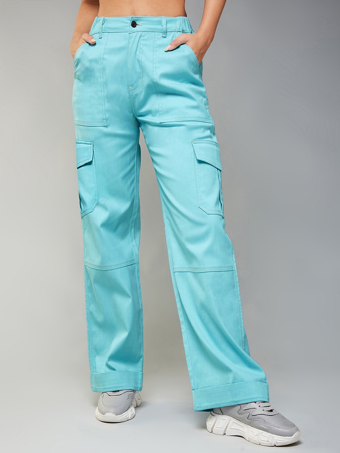 

DOLCE CRUDO Women Turquoise Blue Wide Leg High-Rise Stretchable Jeans