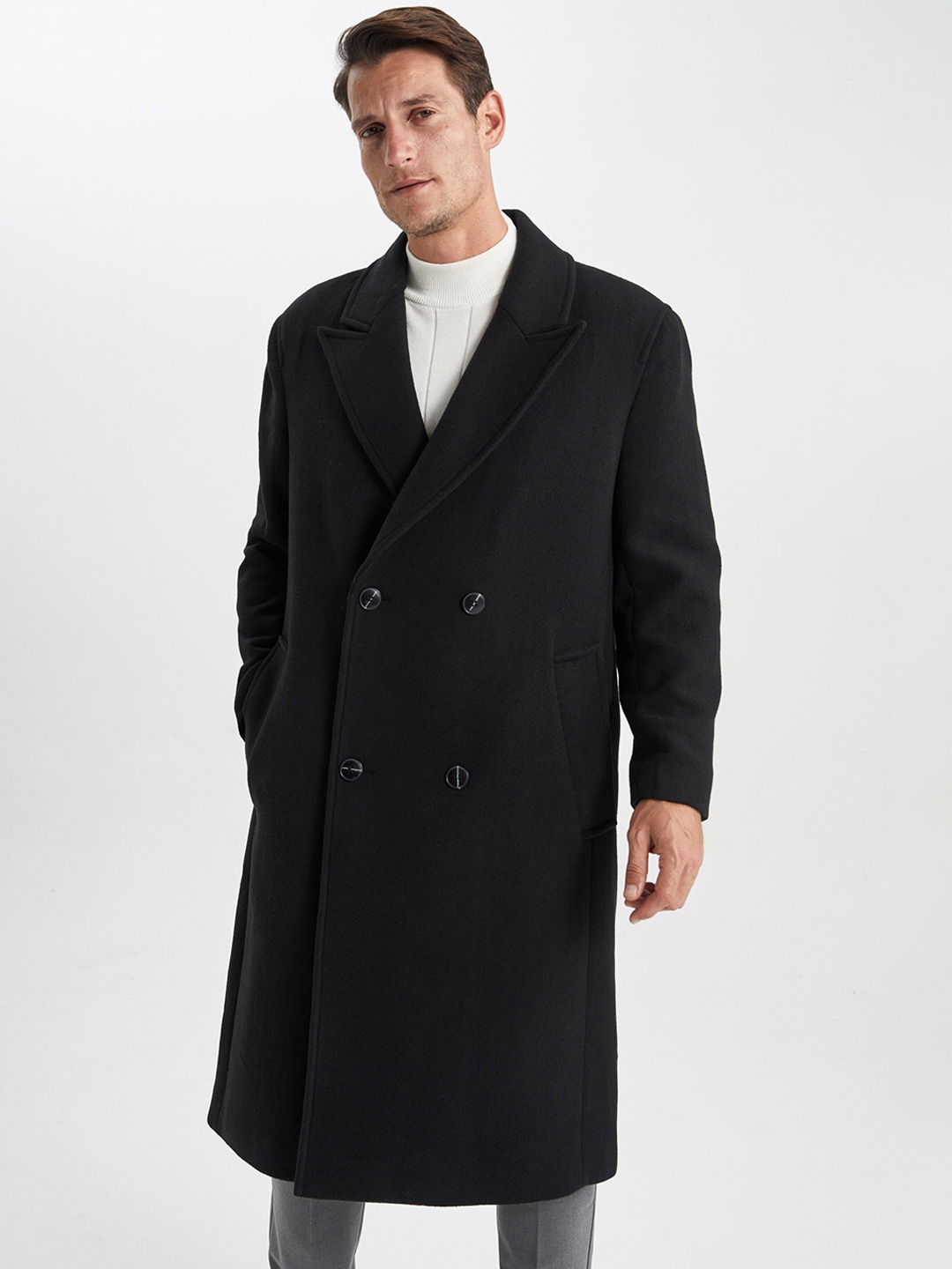 

DeFacto Notched Lapel Collar Overcoat, Black