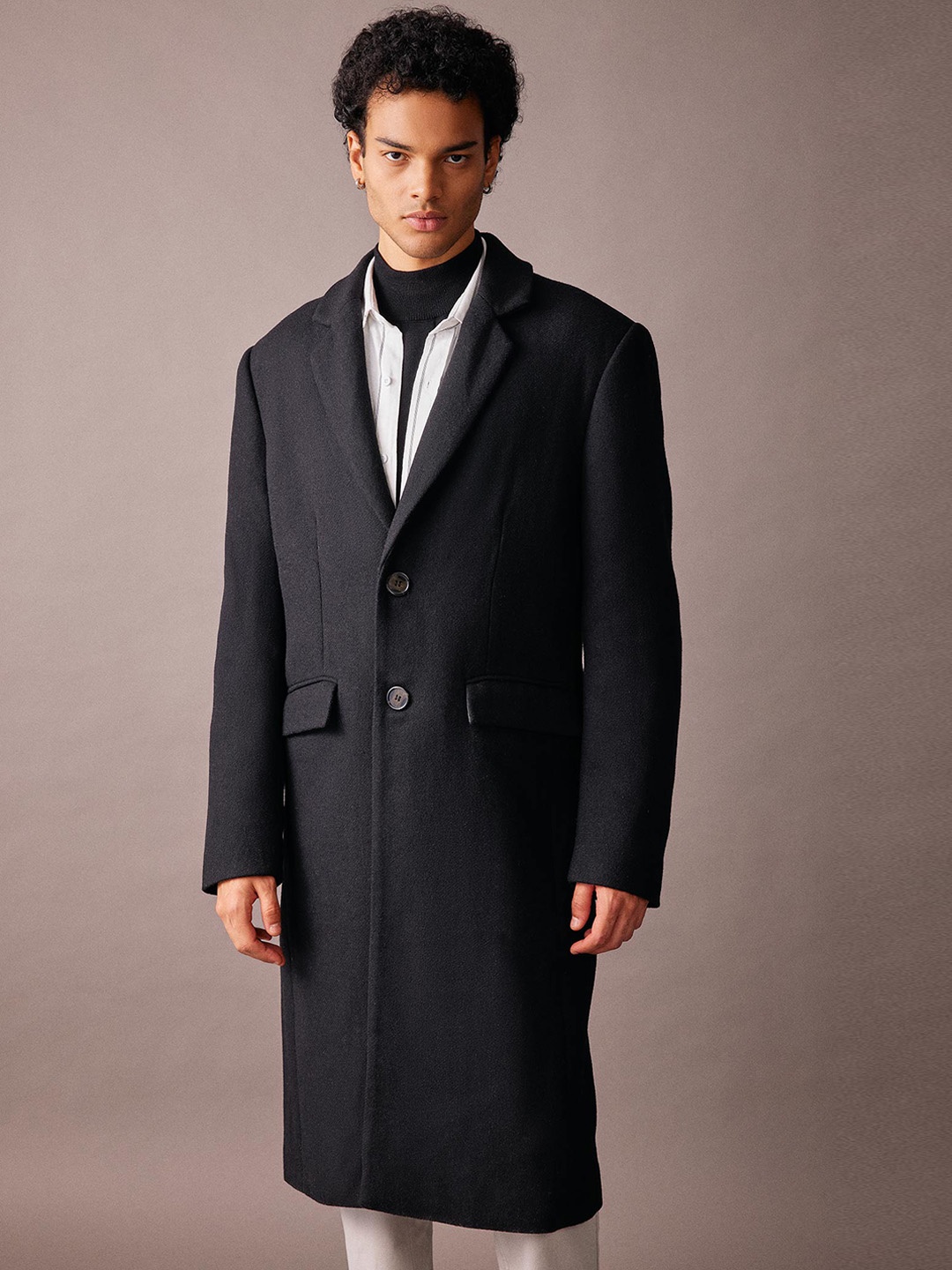 

DeFacto Notched Lapel Longline Overcoat, Black