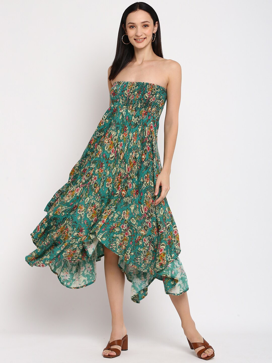 

Porsorte Floral Printed Strapless Smocked Cotton Fit & Flare Midi Dress, Green