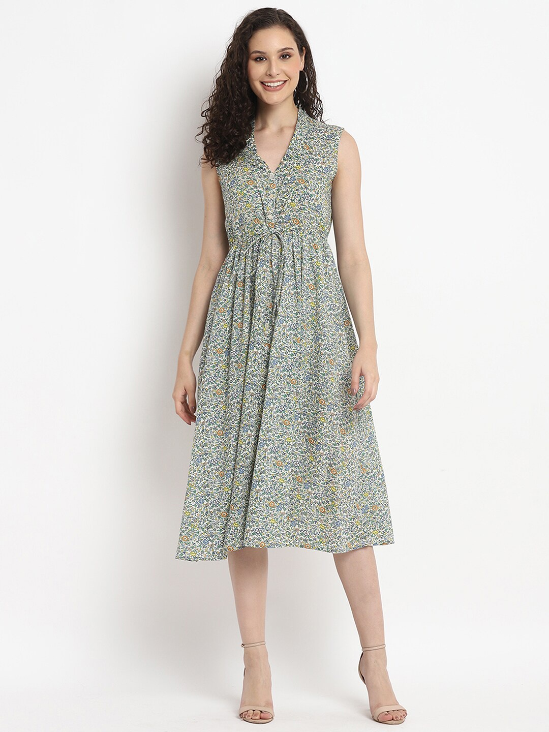 

Porsorte Floral Printed Cotton Fit & Flare Midi Dress, White