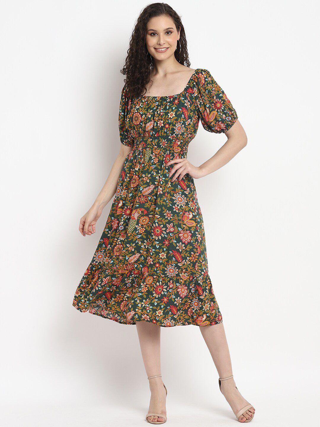 

Porsorte Floral Printed Smocked Puff Sleeve Fit & Flare Midi Dress, Green