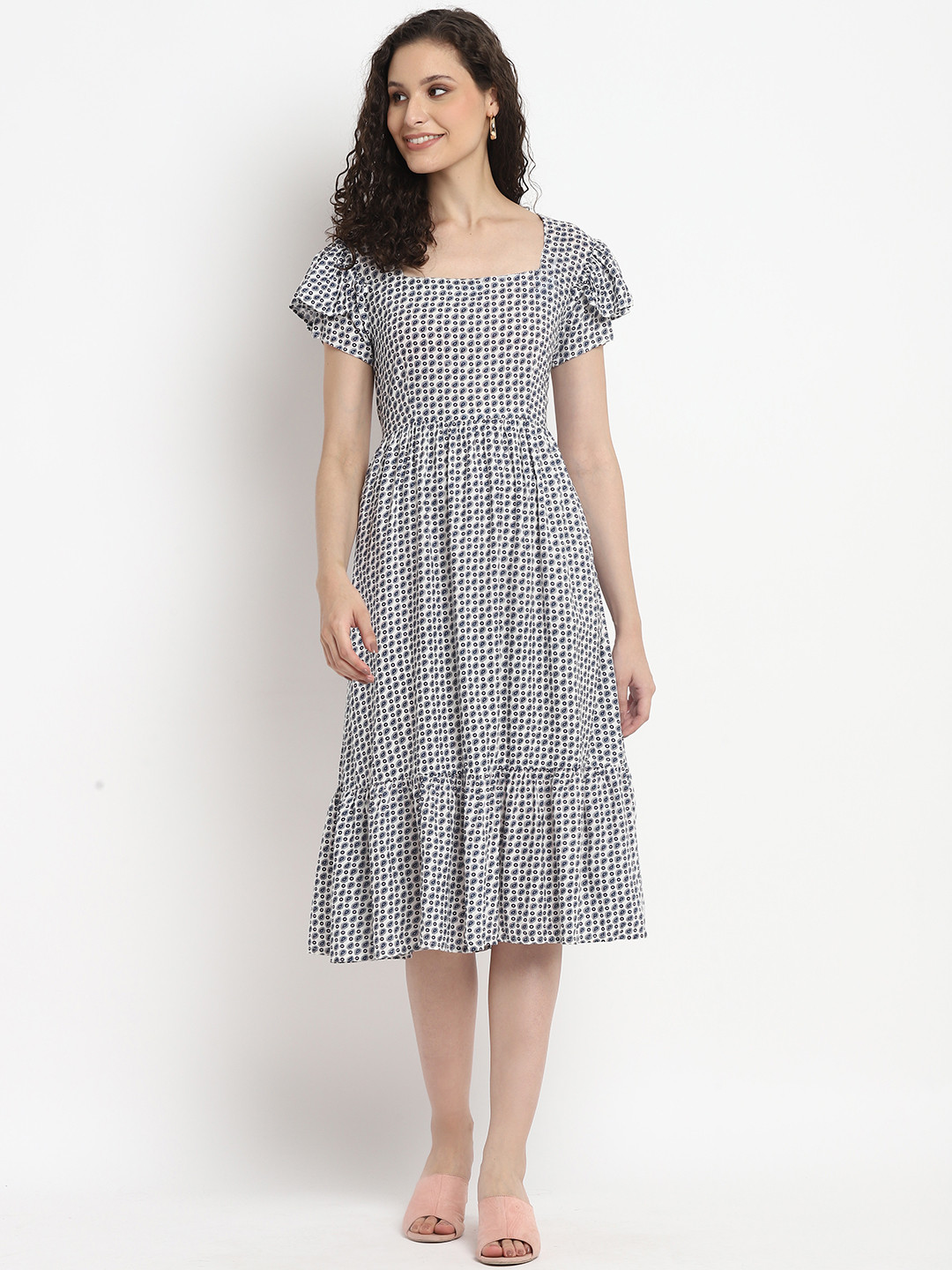 

Porsorte Ethnic Motifs Printed Square Neck Puff Sleeve Tiered Fit and Flare Midi Dress, White