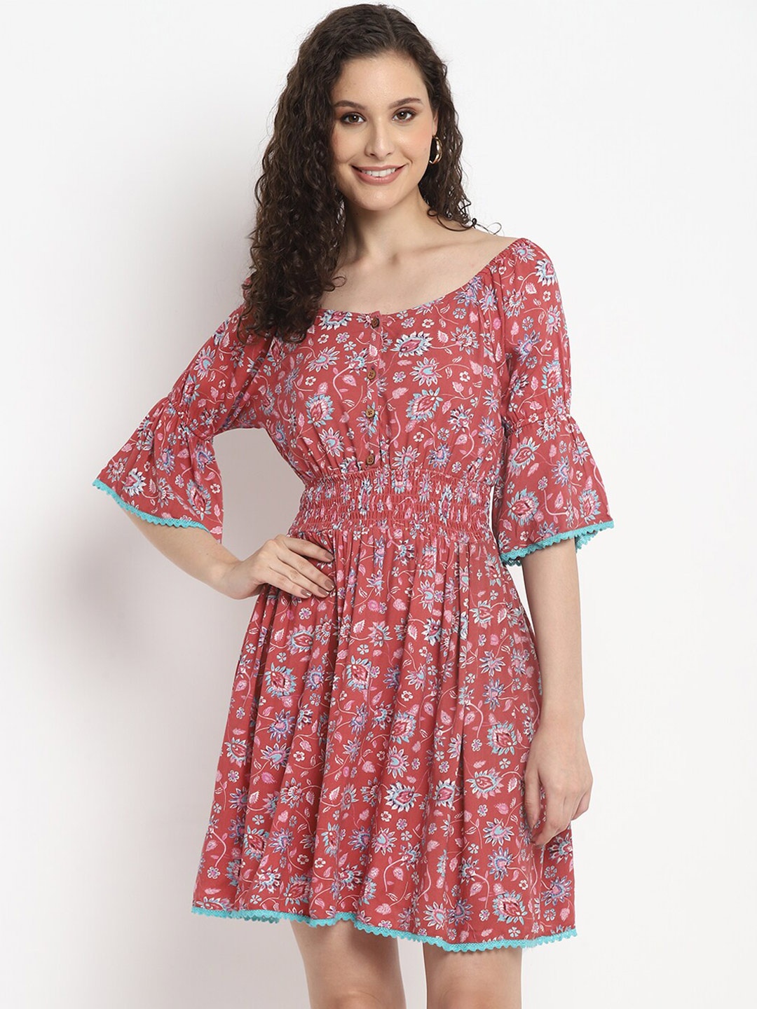 

Porsorte Floral Printed Bell Sleeve Fit & Flare Dress, Red