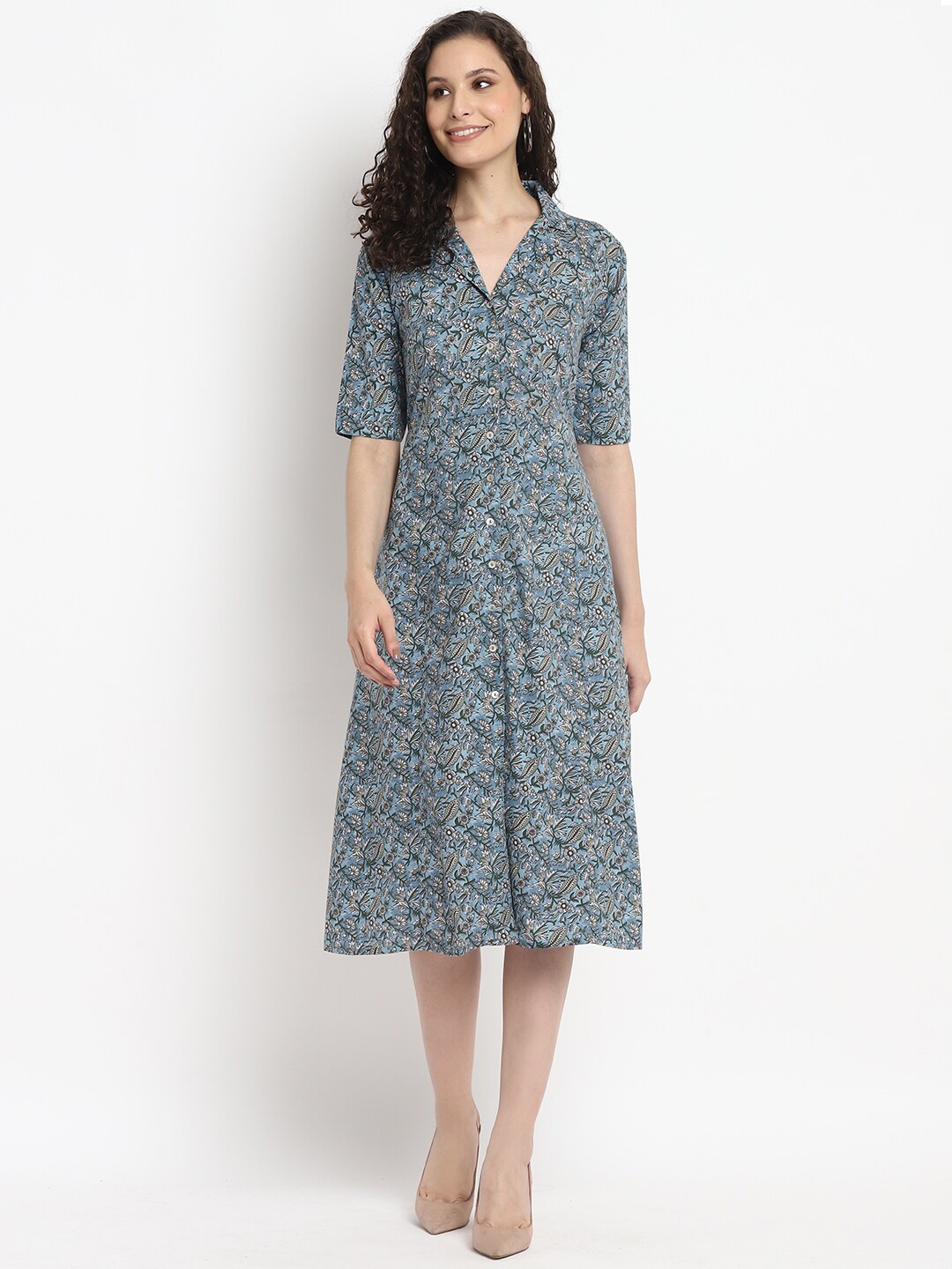 

Porsorte Floral Printed Lapel Collar Loose Fit A-Line Dress, Blue