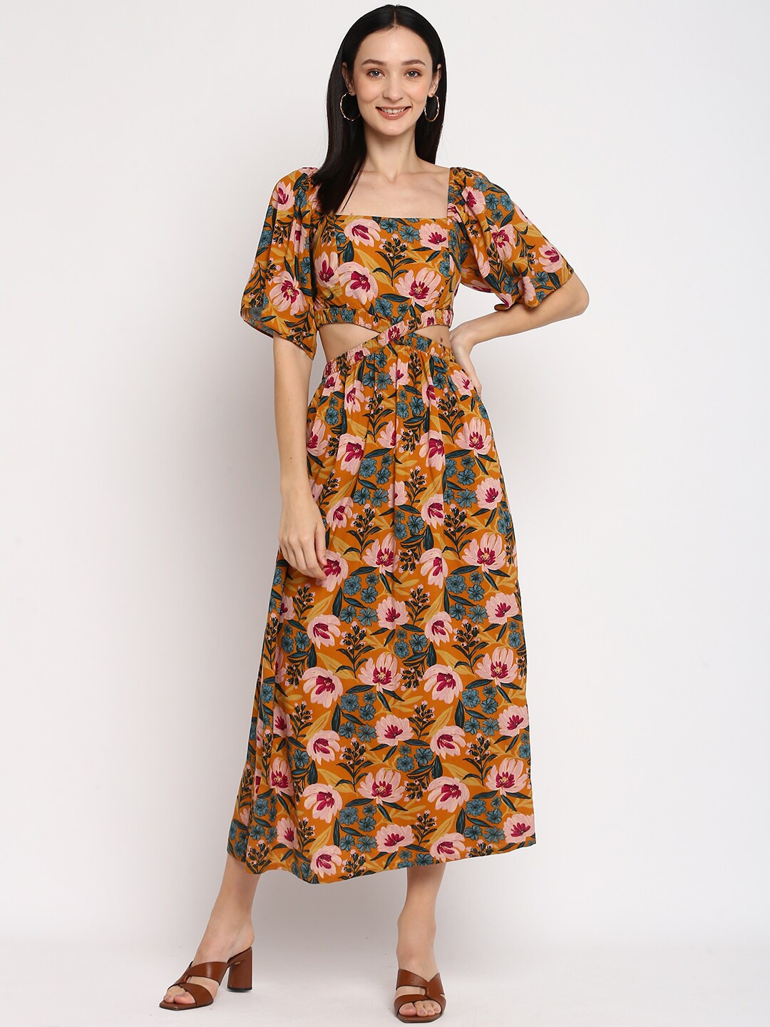 

Porsorte Floral Printed Puff Sleeve Fit & Flare Midi Dress, Orange