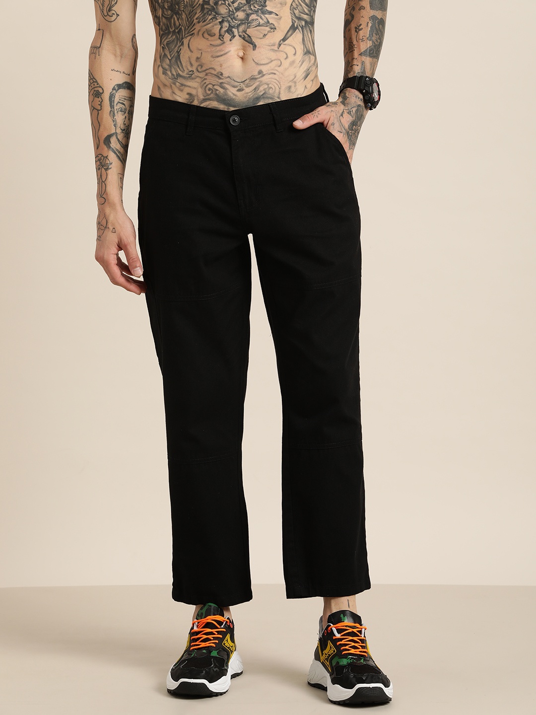 

HERE&NOW Men Relaxed Pure Cotton Trousers, Black