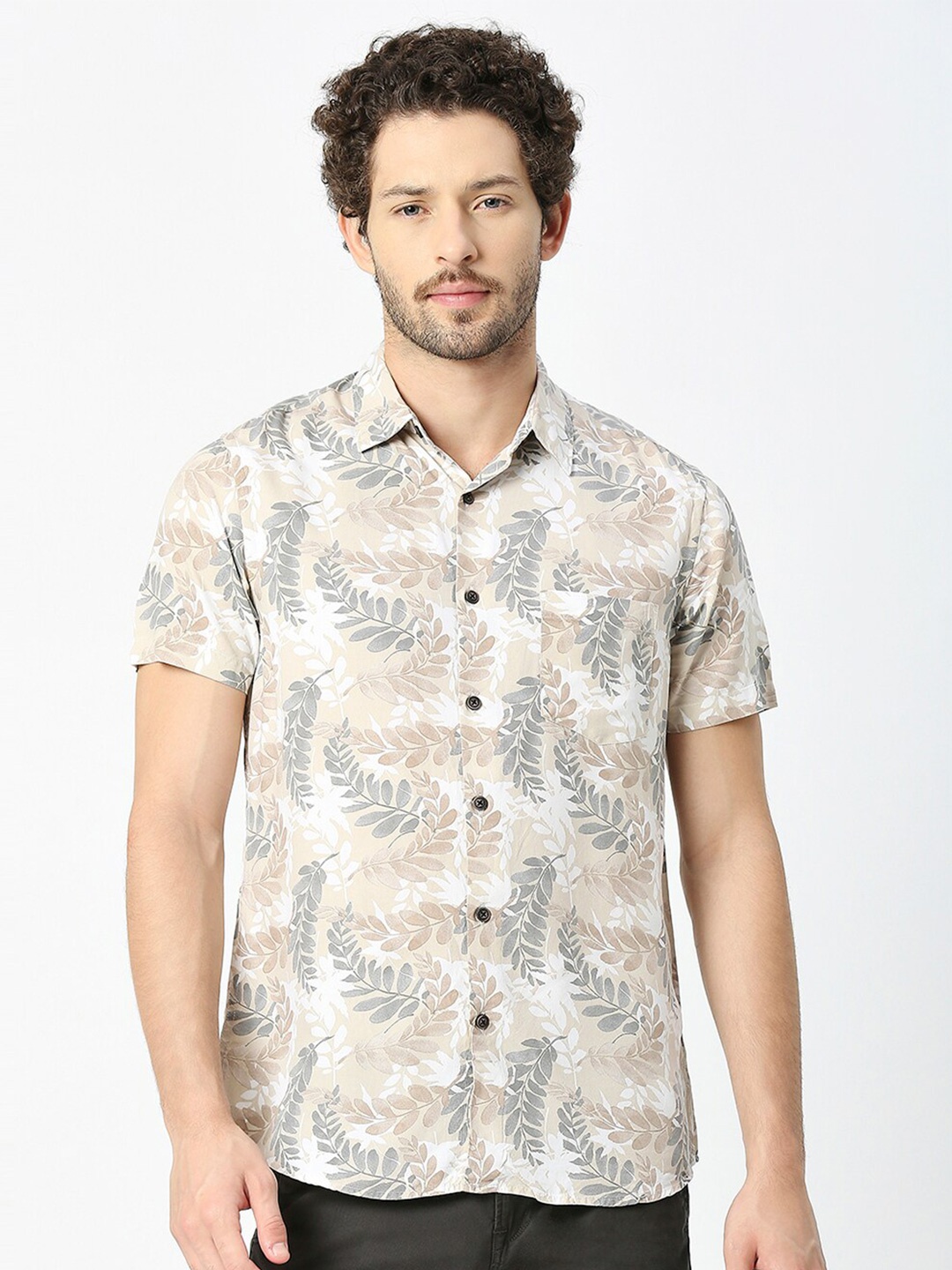 

VALEN CLUB India Slim Fit Floral Printed Shirt, Beige