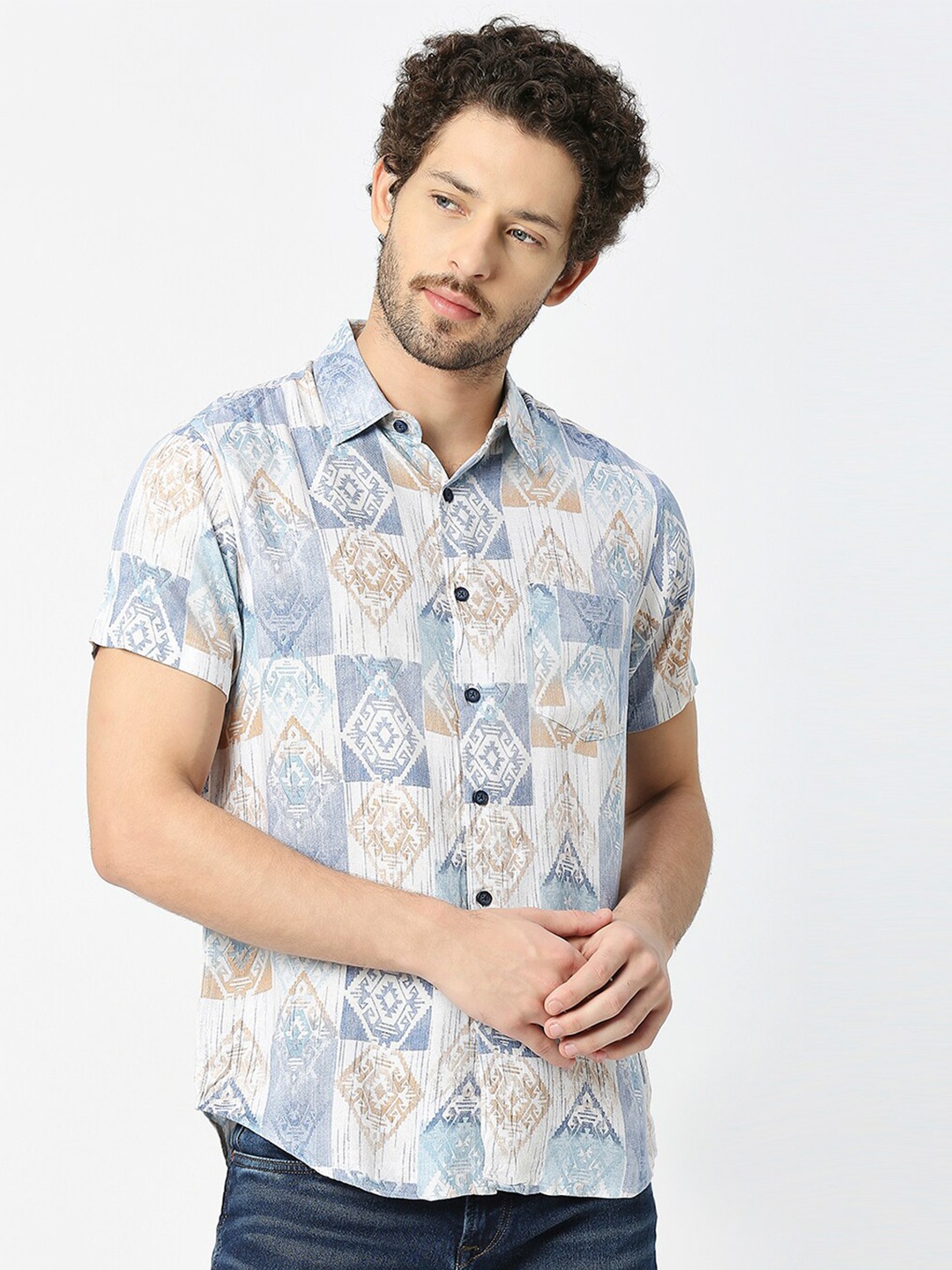 

VALEN CLUB India Slim Ethnic Motifs Printed Shirt, Blue