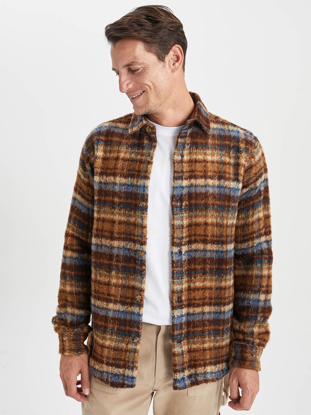 

DeFacto Tartan Checked Spread Collar Casual Shacket, Brown