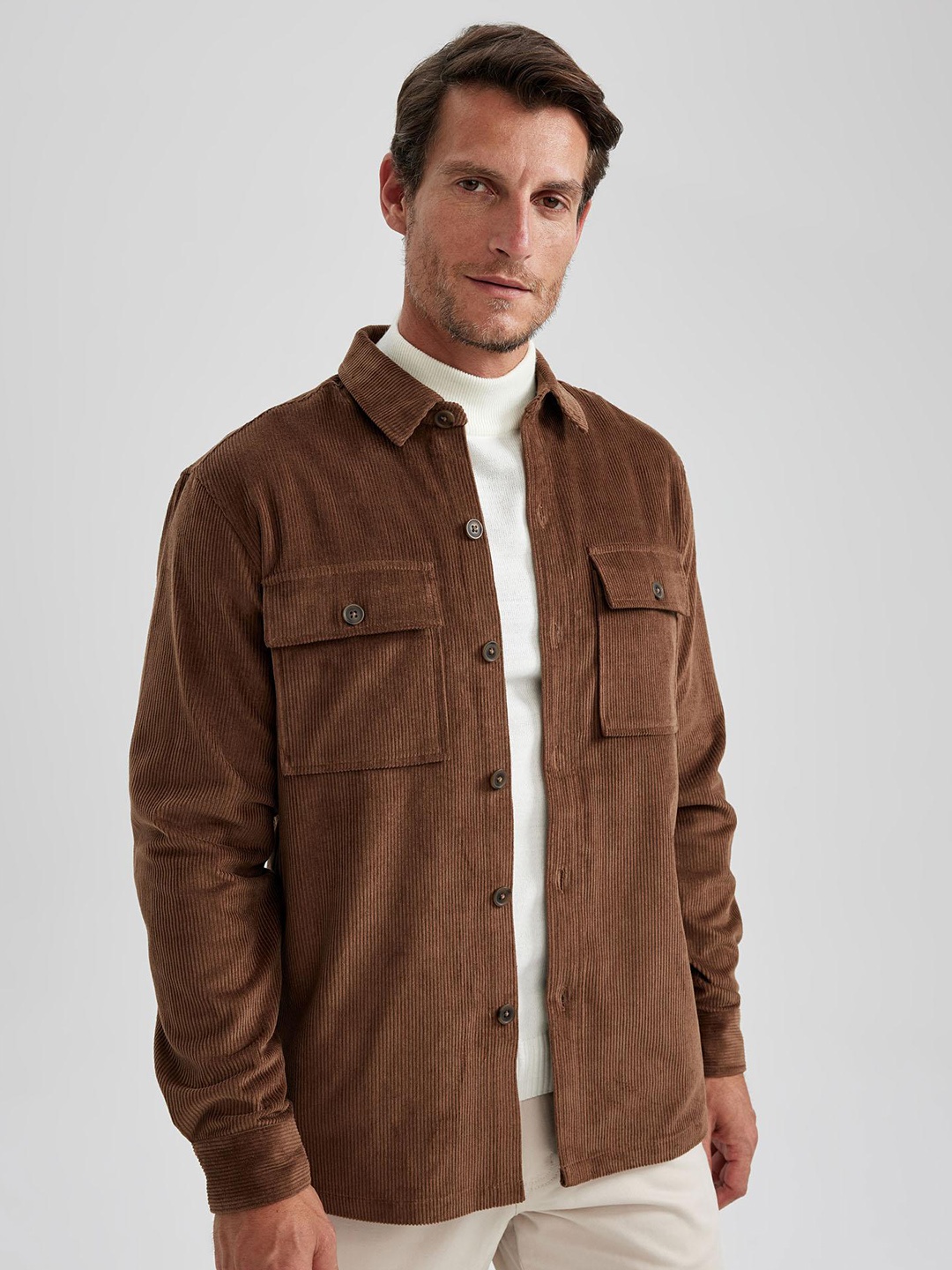 

DeFacto Flap Pocket Spread Collar Pure Cotton Casual Shirt, Brown