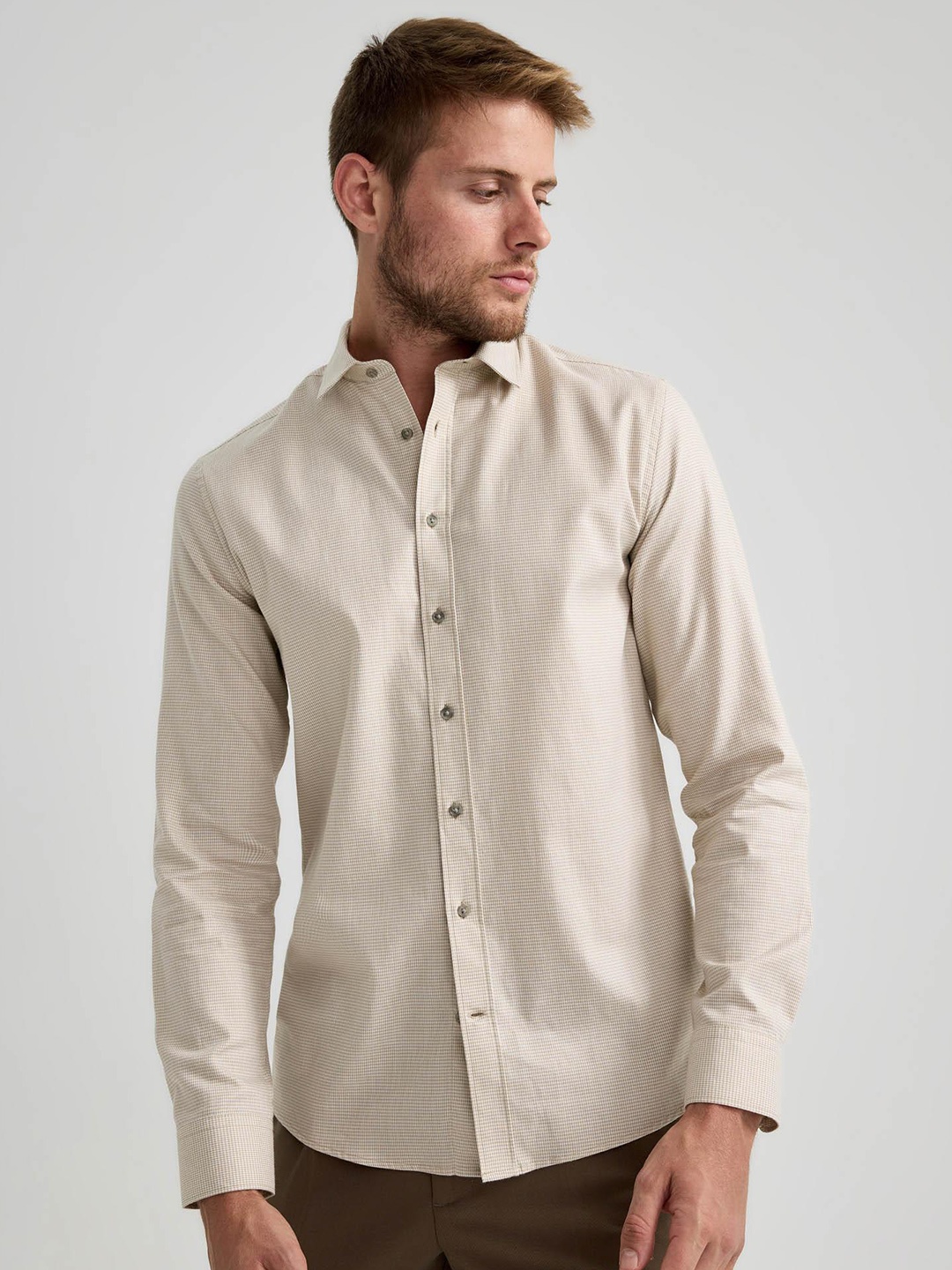 

DeFacto Micro Ditsy Printed Spread Collar Casual Pure Cotton Shirt, Beige