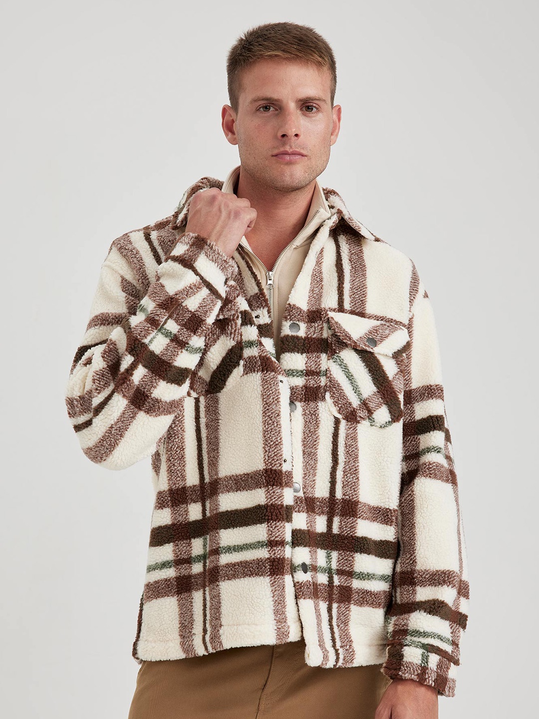 

DeFacto Checked Spread Collar Casual Shacket, Beige