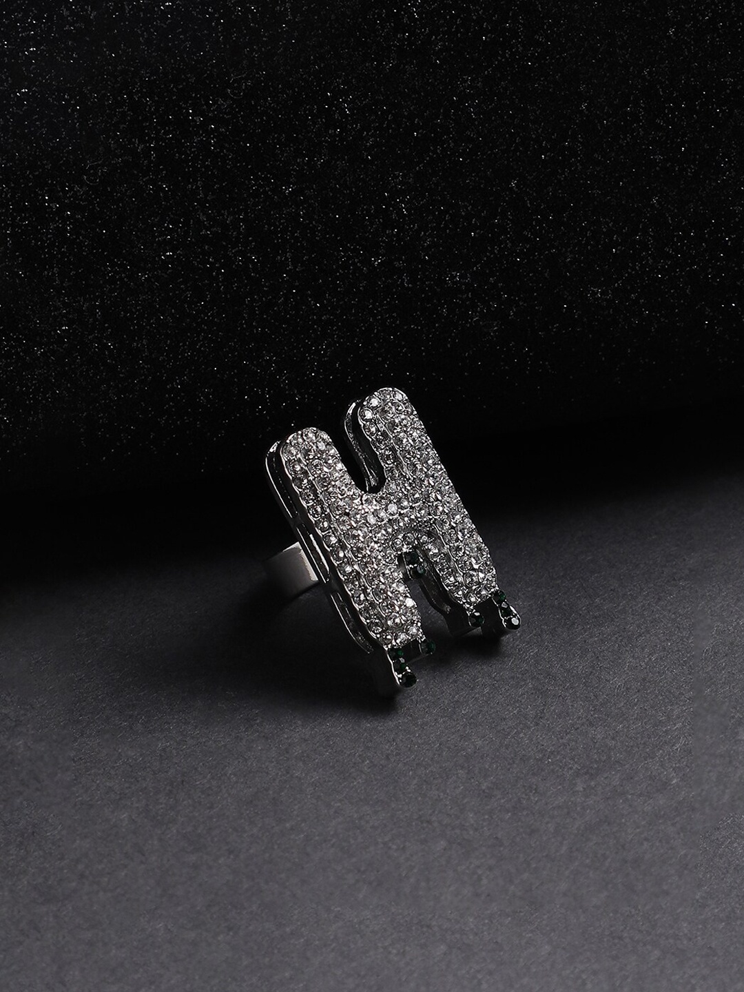 

French Accent Men Silver-Plated Stone Studded H Alphabet Ring